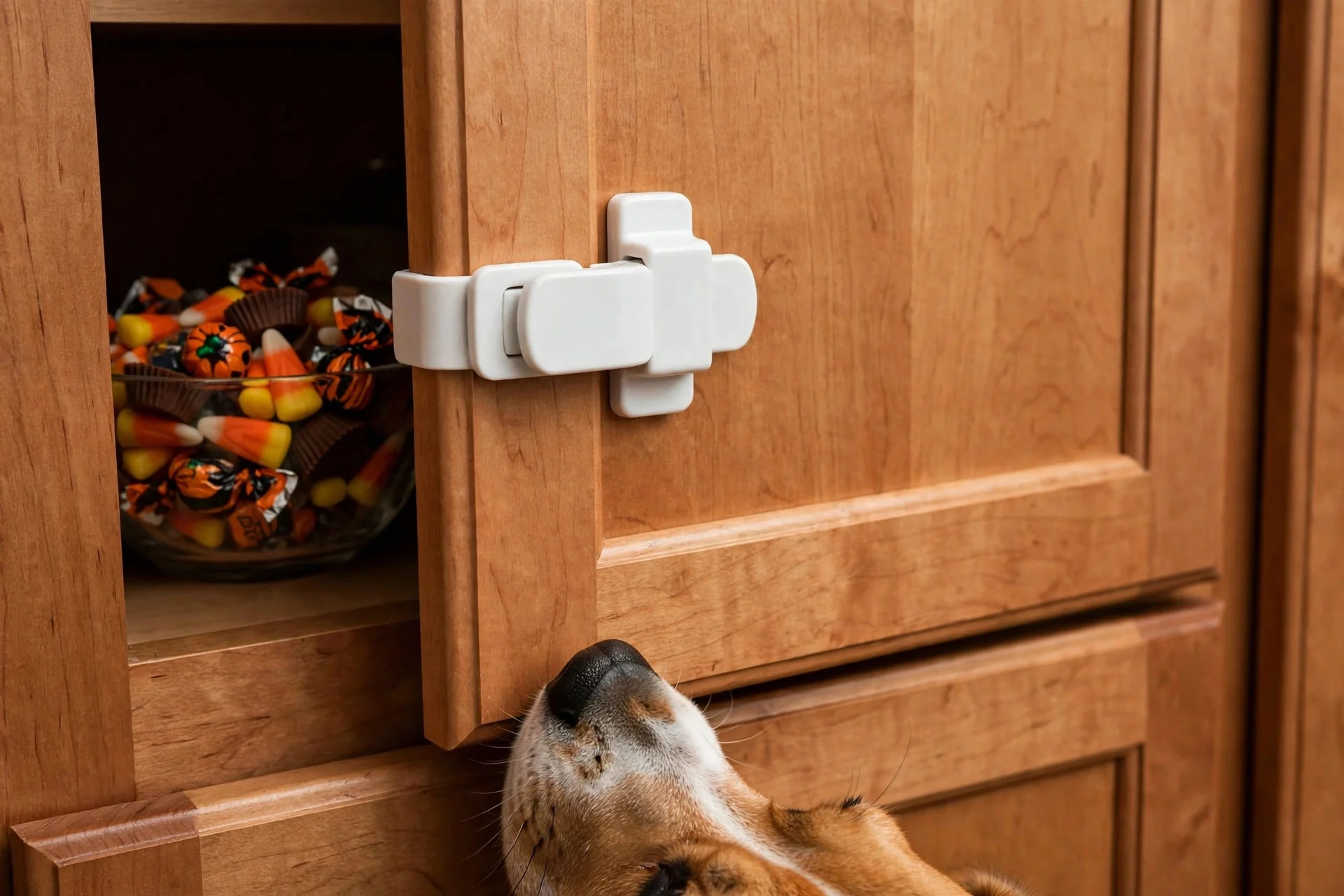 Halloween candy bowl stored securely out of dogs reach