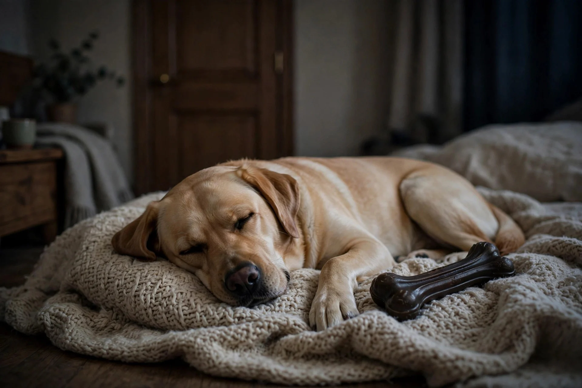 Dog relaxing in a quiet safe room with a chew toy on Halloween