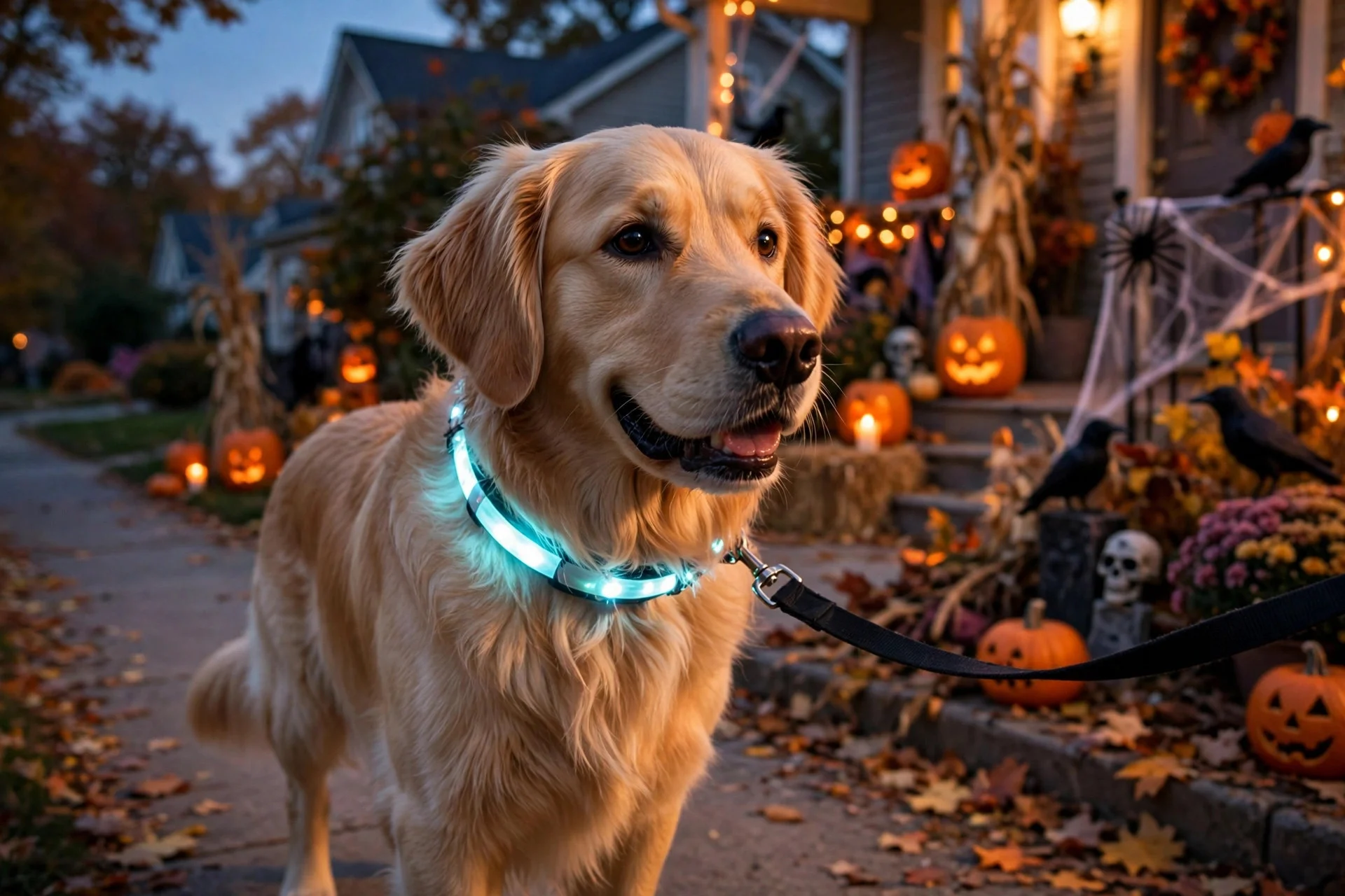 Dog wearing a reflective collar on an early evening Halloween walk