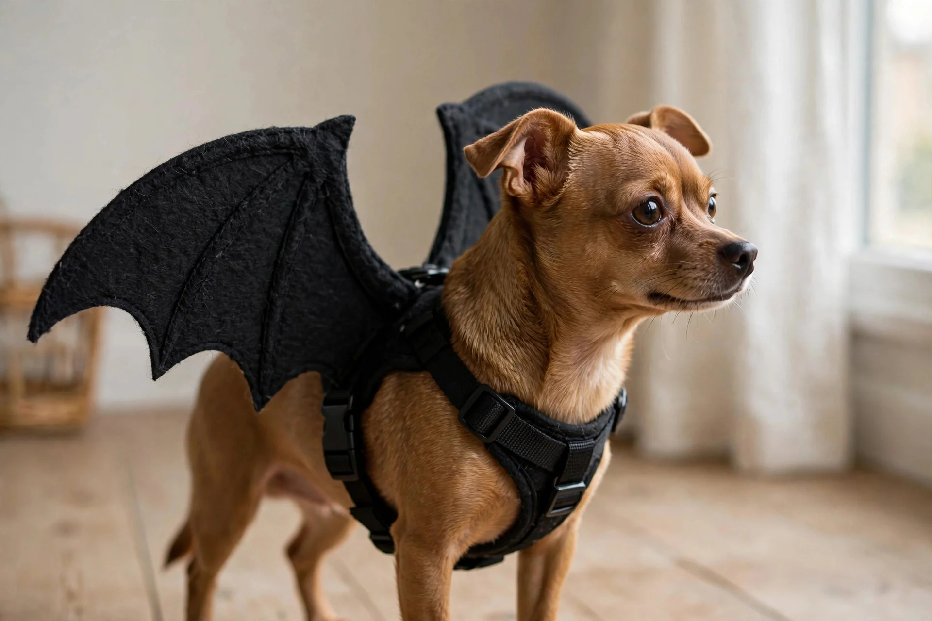 DIY bat wings attached to a dog harness
