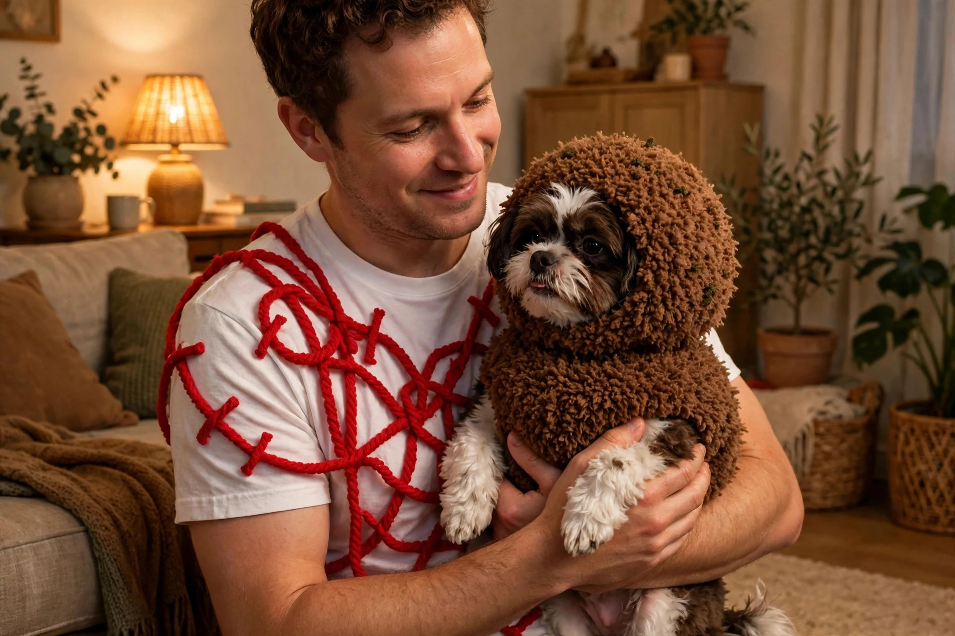 Dog and owner in matching spaghetti and meatball costumes