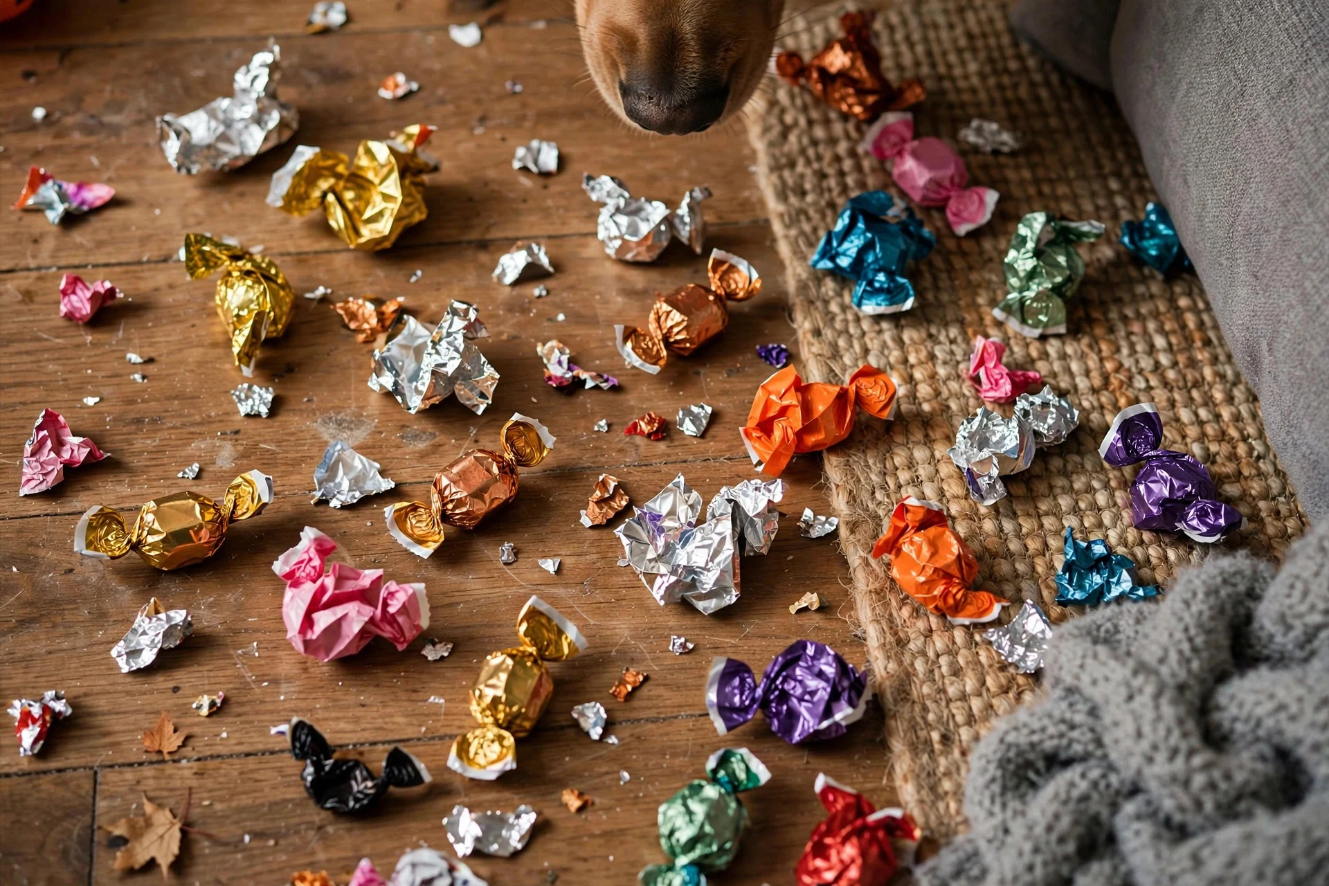 Candy wrappers scattered on floor after trick or treating