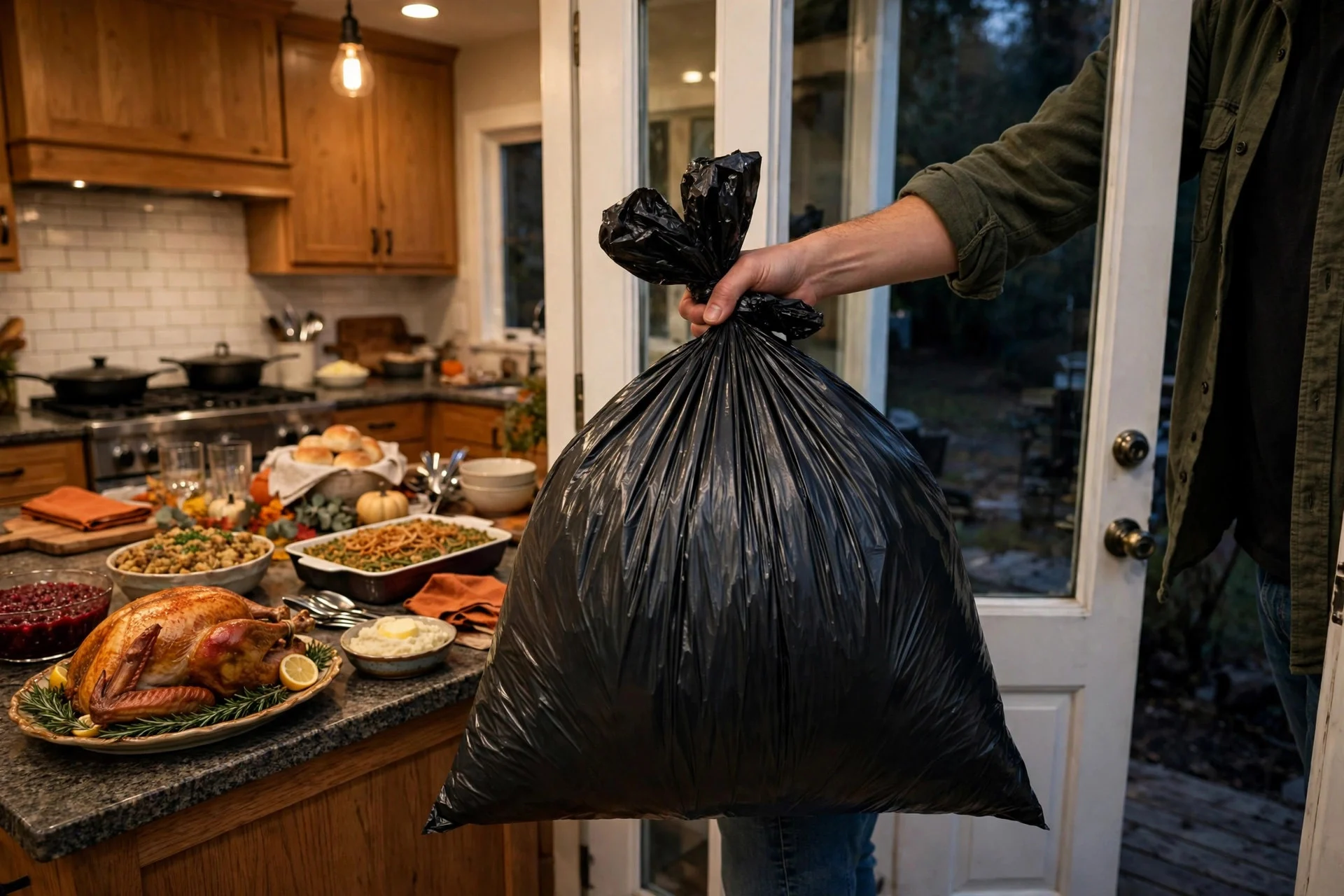 Turkey carcass secured in a tied trash bag away from dogs