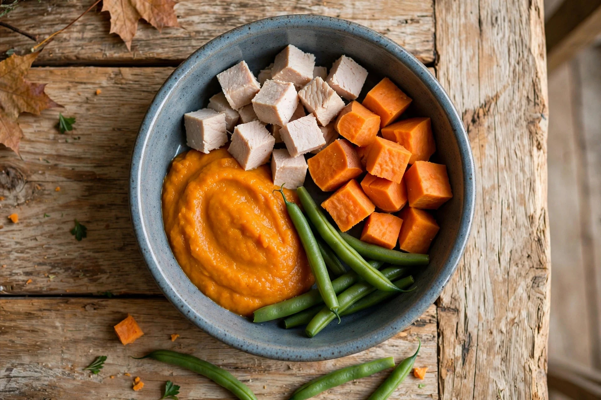 Dog safe Thanksgiving plate with plain turkey and vegetables