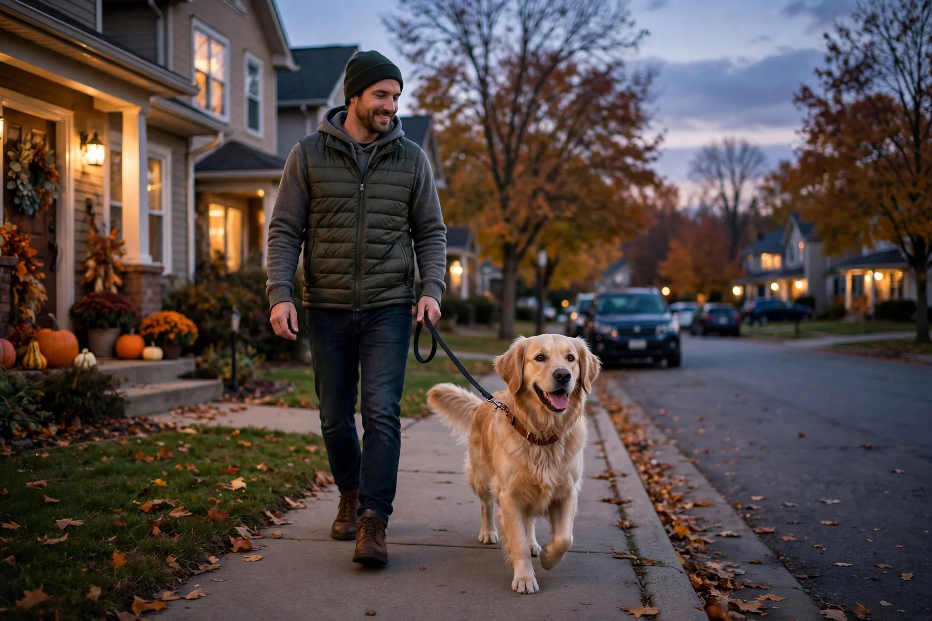 Dog on a leash walk after Thanksgiving dinner