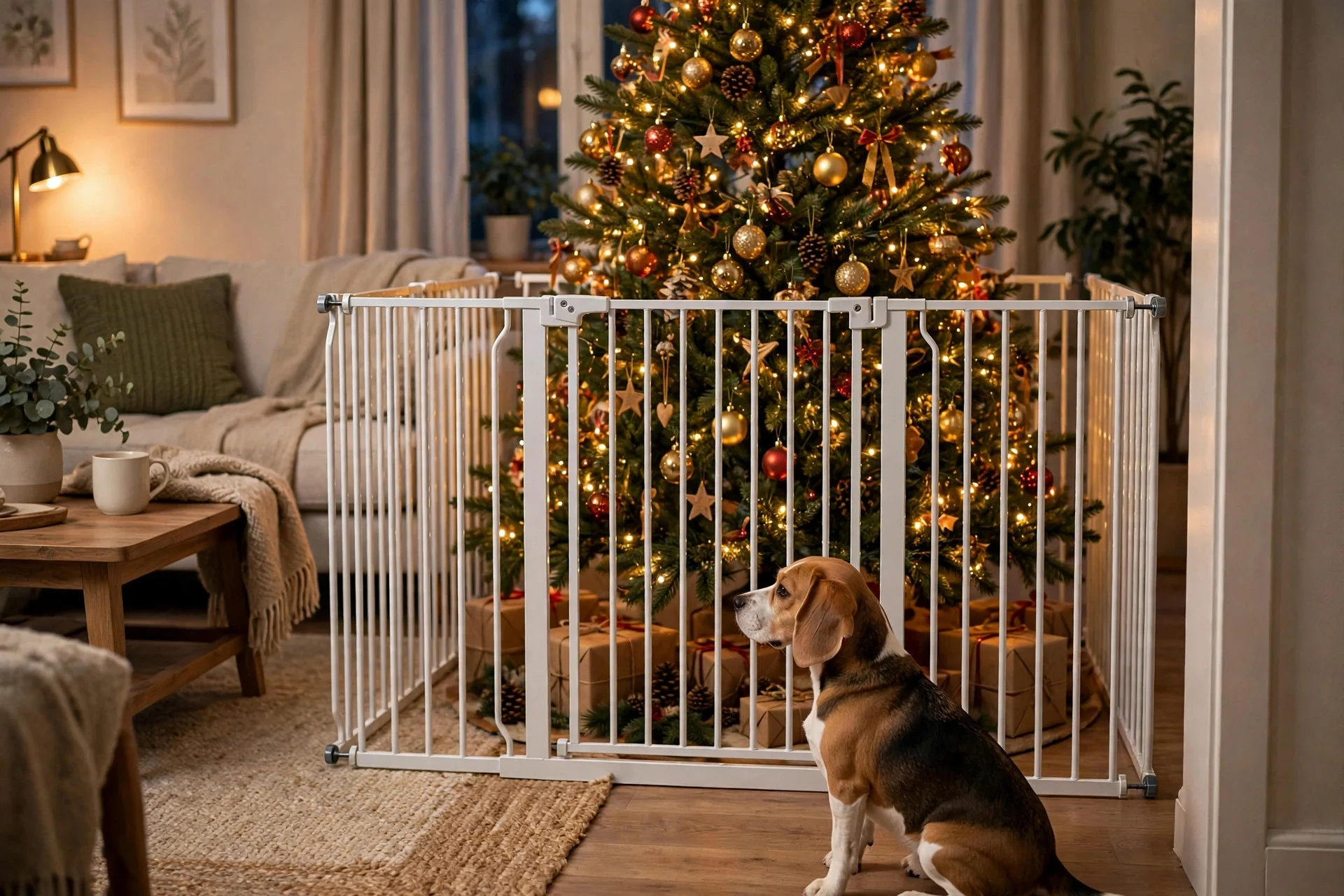 Christmas tree secured with a baby gate to keep dogs safe