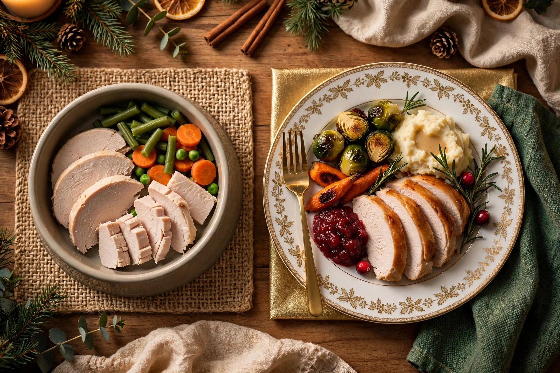 Dog safe Christmas dinner plate with plain turkey and vegetables