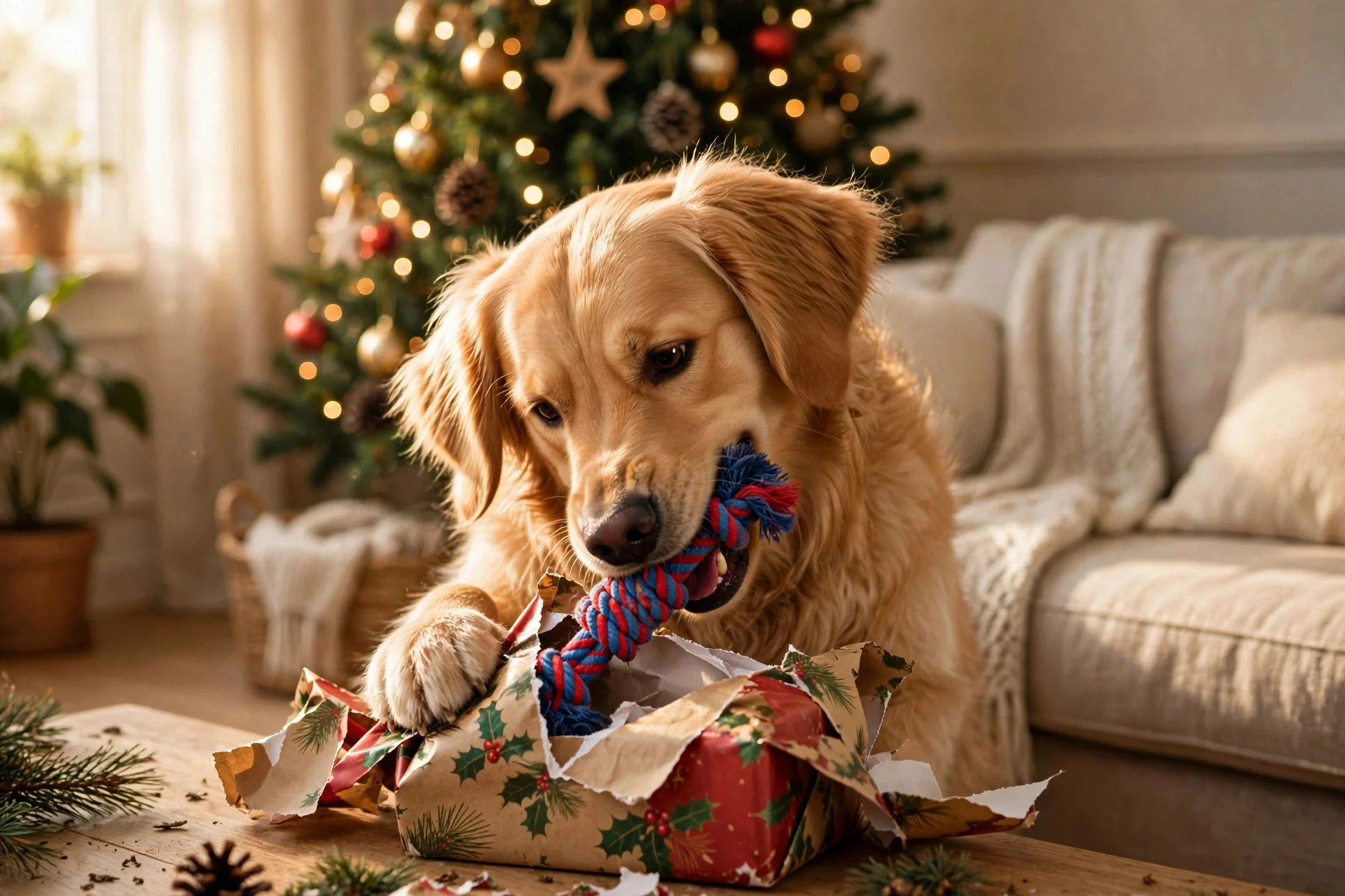 Dog opening its own wrapped Christmas present