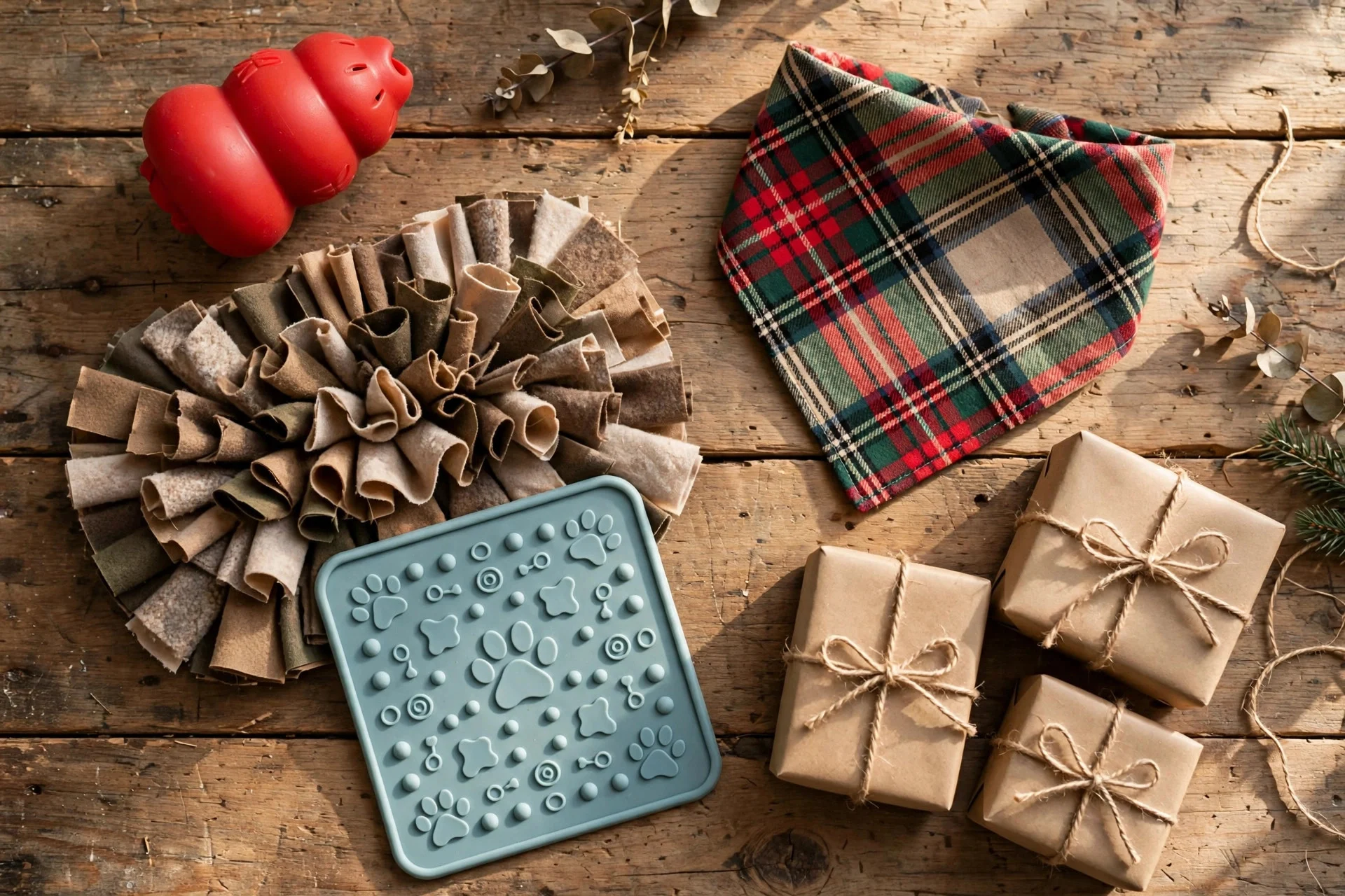 Flat lay of practical christmas gifts for dog lovers including a treat-dispensing toy, snuffle mat, lick mat and holiday bandana