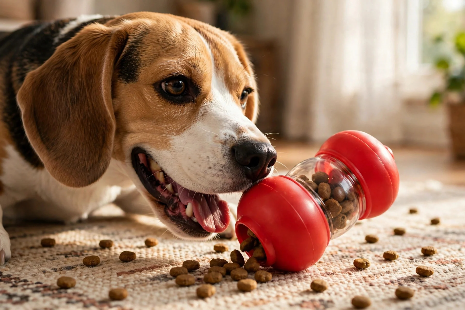 Dog playing with a wobble treat dispenser toy on a living room rug