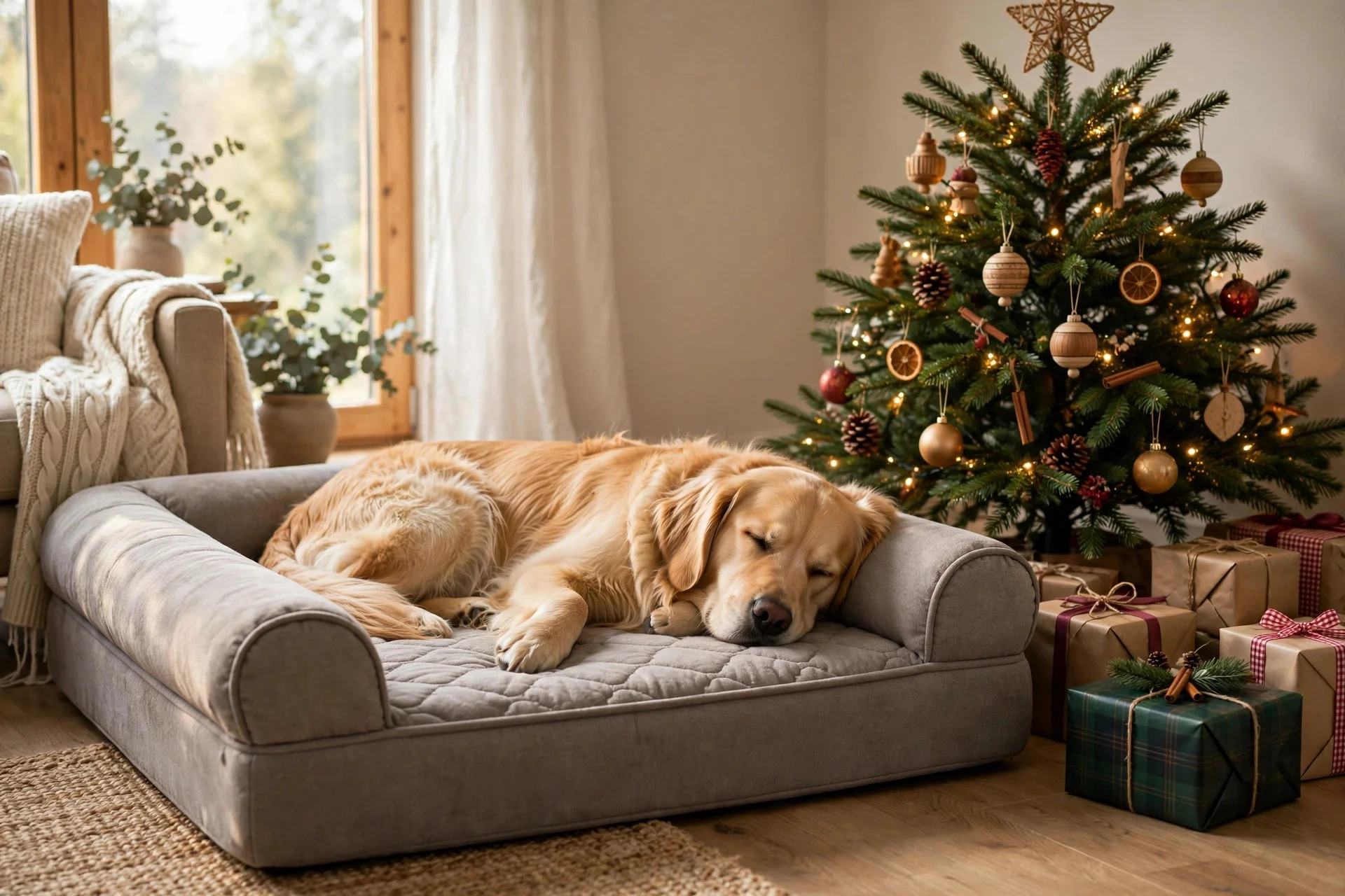 Golden retriever resting on an orthopedic memory foam dog bed next to a Christmas tree