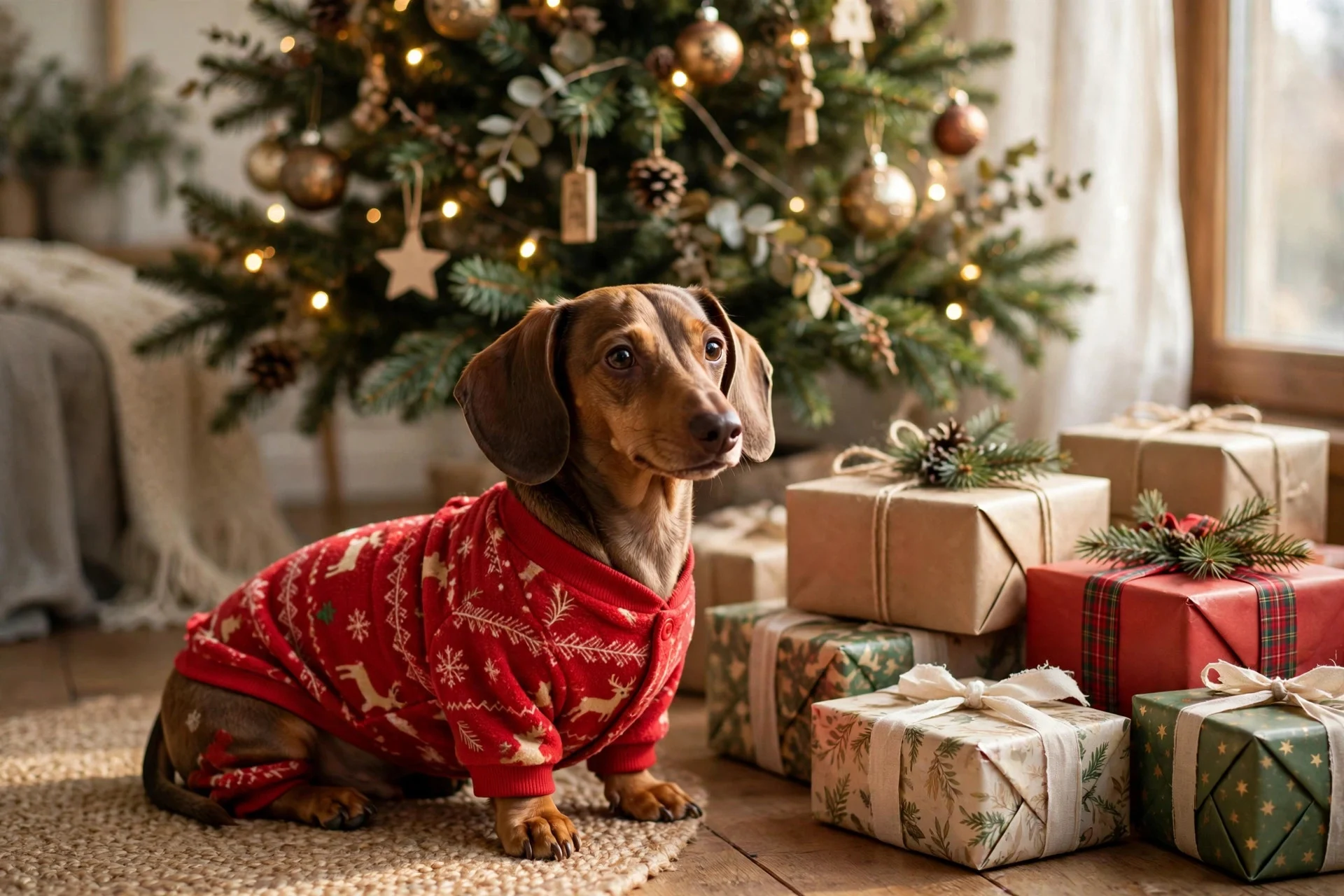 Small dog wearing cozy Christmas pajamas sitting beside wrapped presents