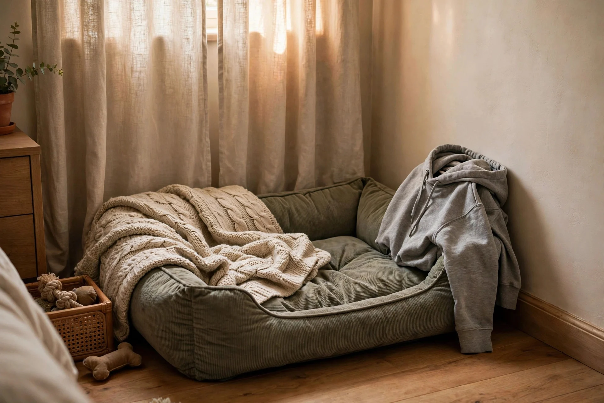 Dog relaxing in a safe room with its bed and blanket