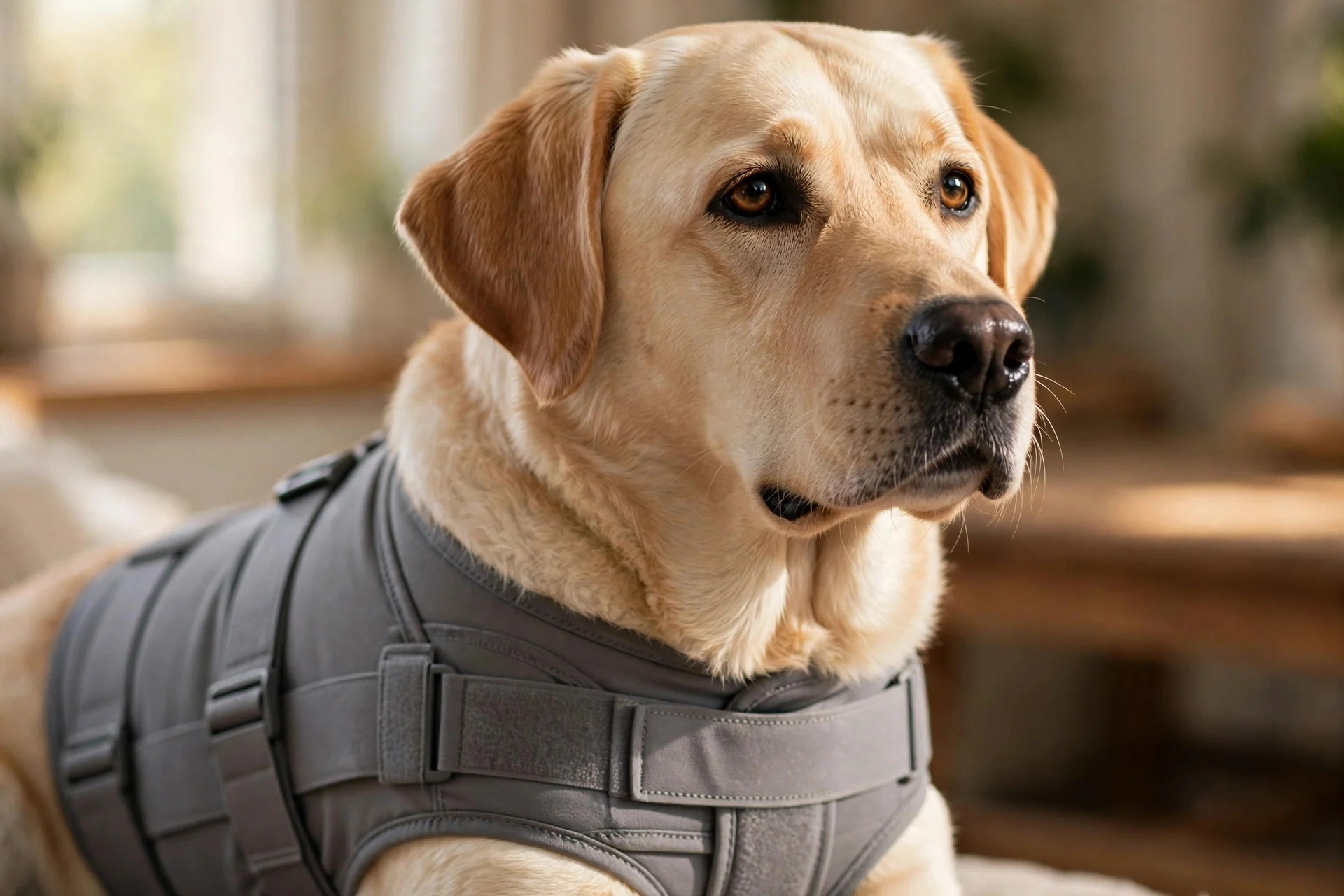 Dog wearing a Thundershirt anxiety wrap