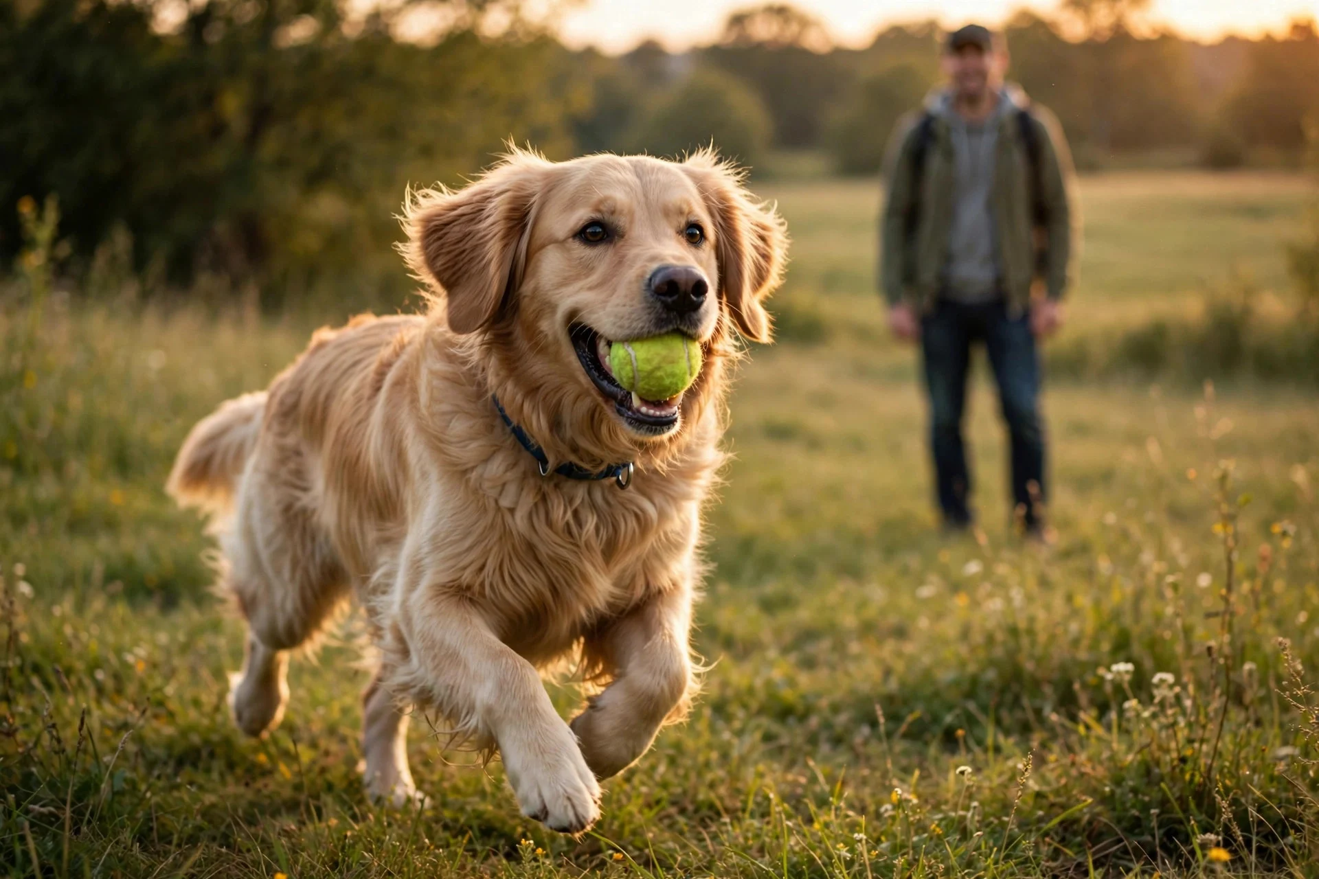 Dog playing fetch in a field on New Year's Eve afternoon