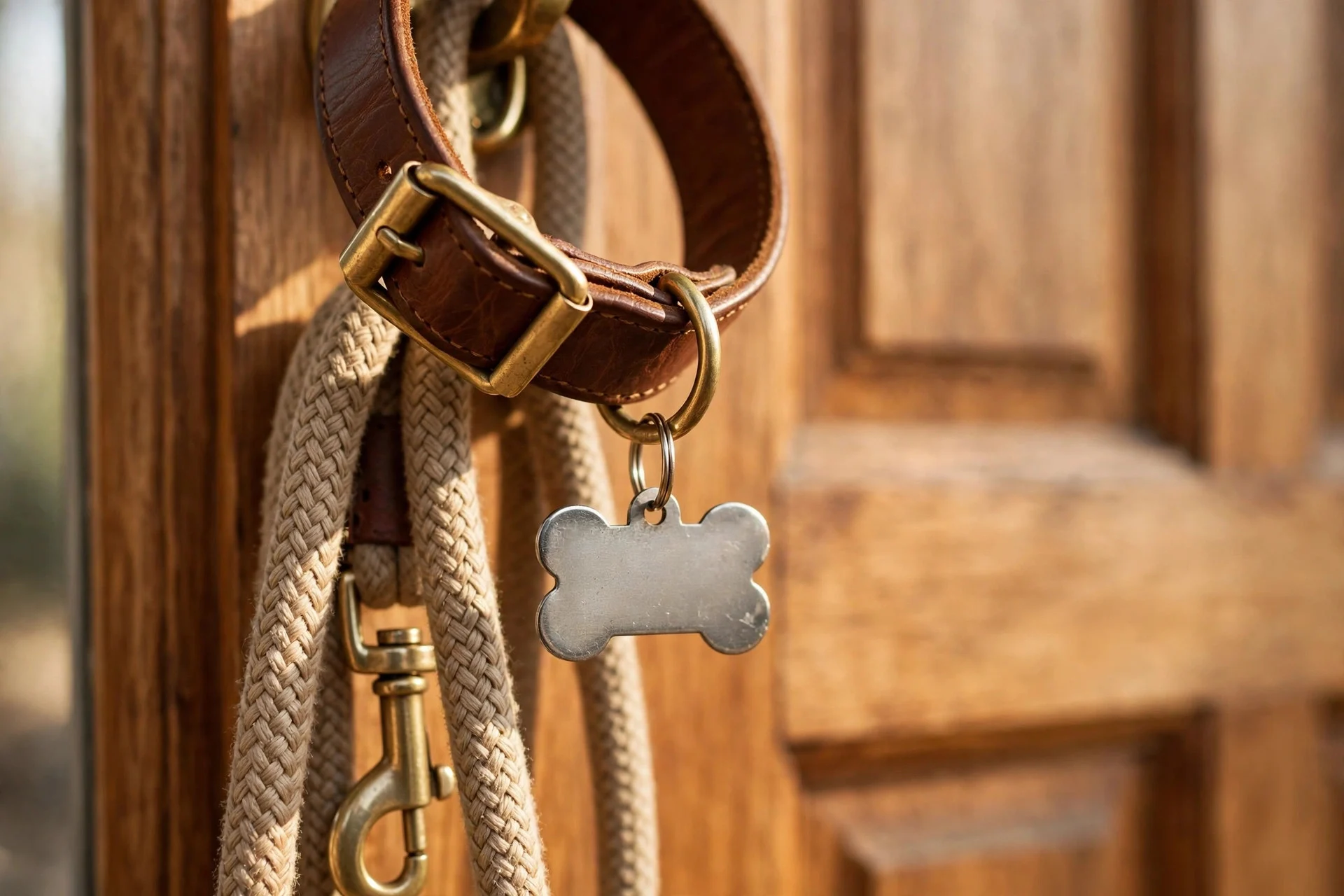 Dog's collar with ID tag and leash by the front door