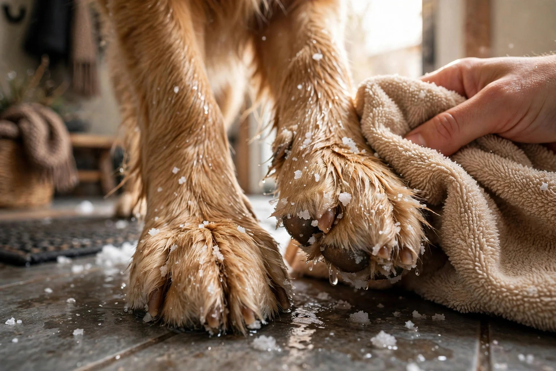 Wiping a dog's paws after a winter walk to remove salt