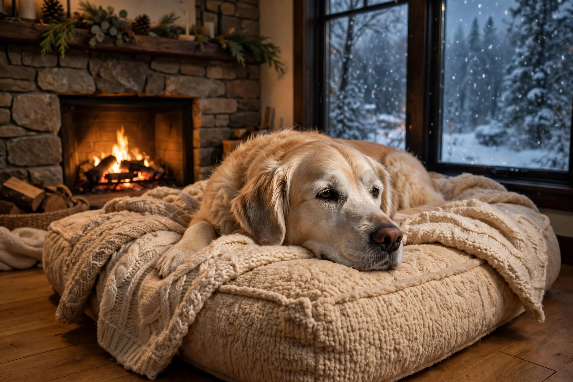 Senior dog resting warmly by the fireplace in winter
