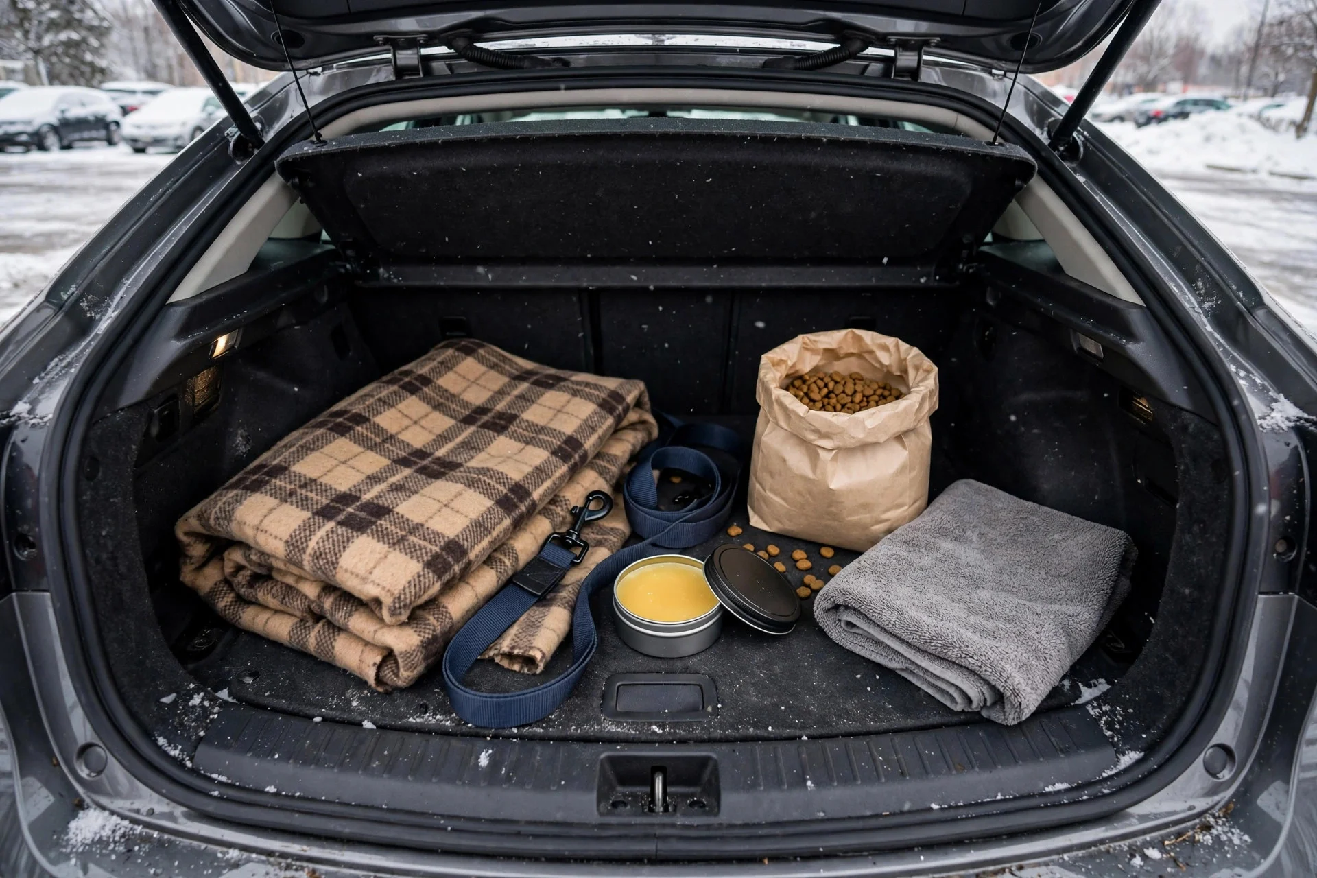 Winter emergency kit packed for a dog in the car