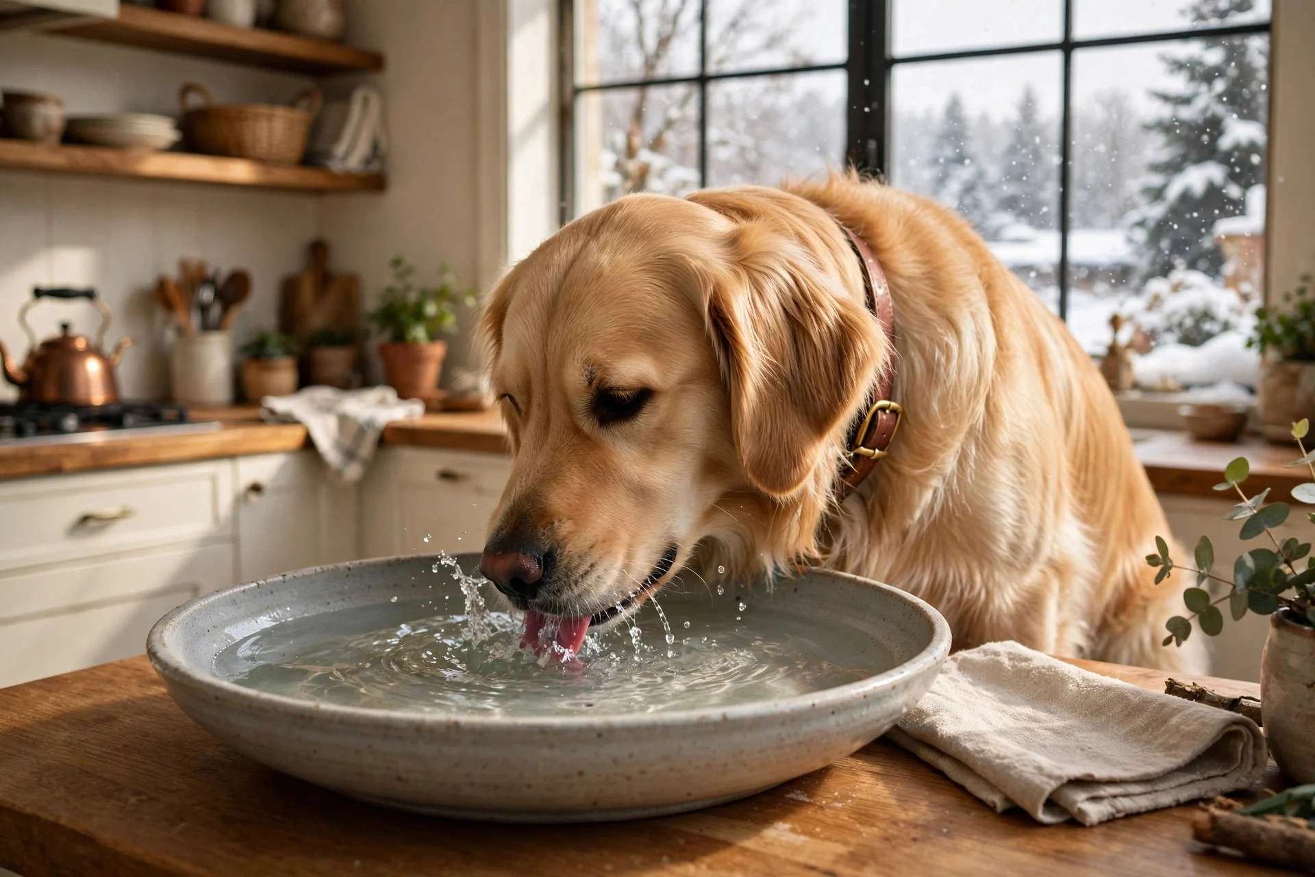 Dog drinking fresh water indoors during winter dog care