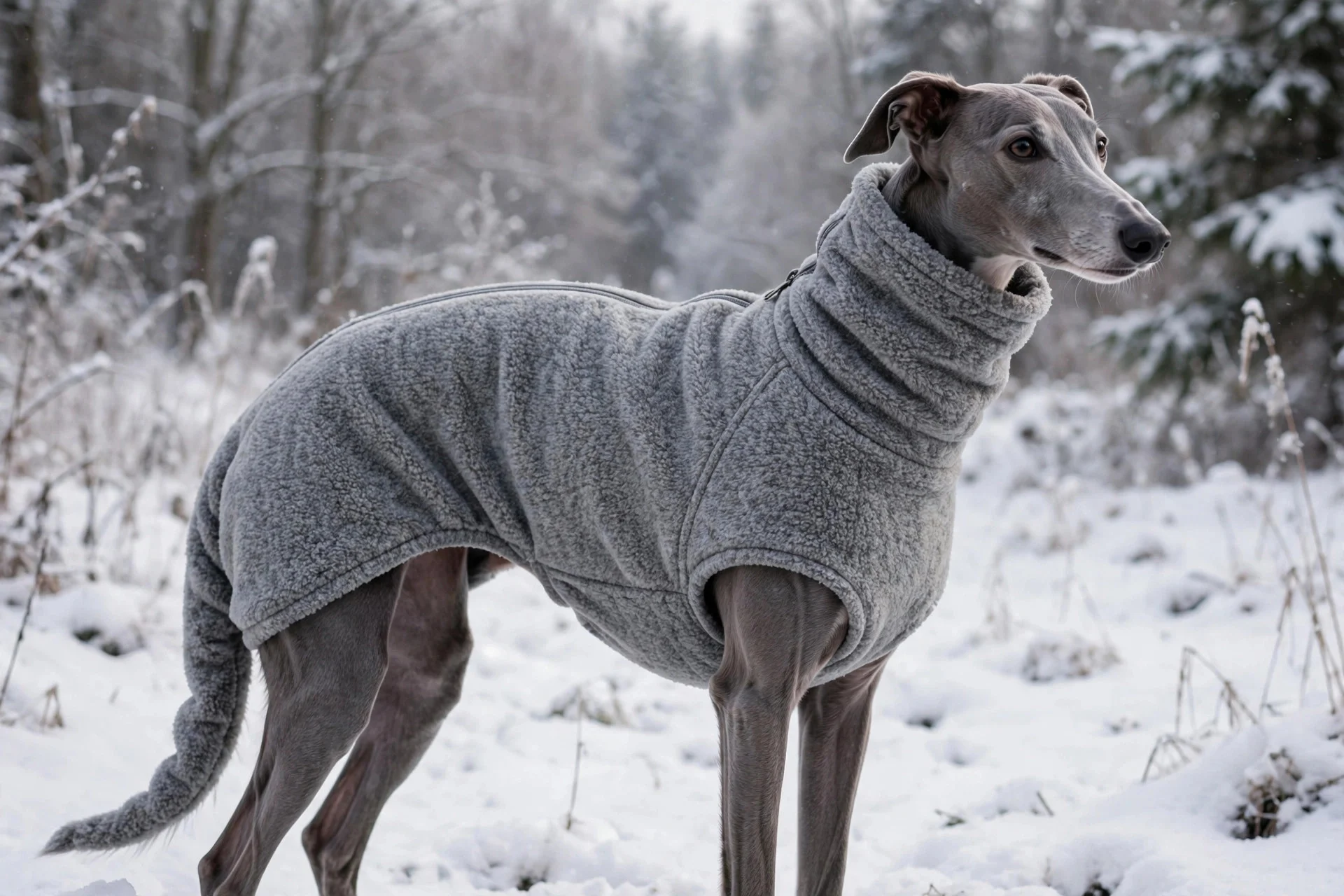 Greyhound wearing a properly fitted winter dog coat in snow
