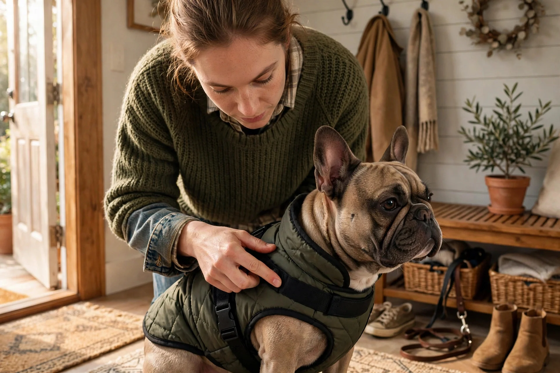 Checking that a winter dog coat fits properly on a French bulldog