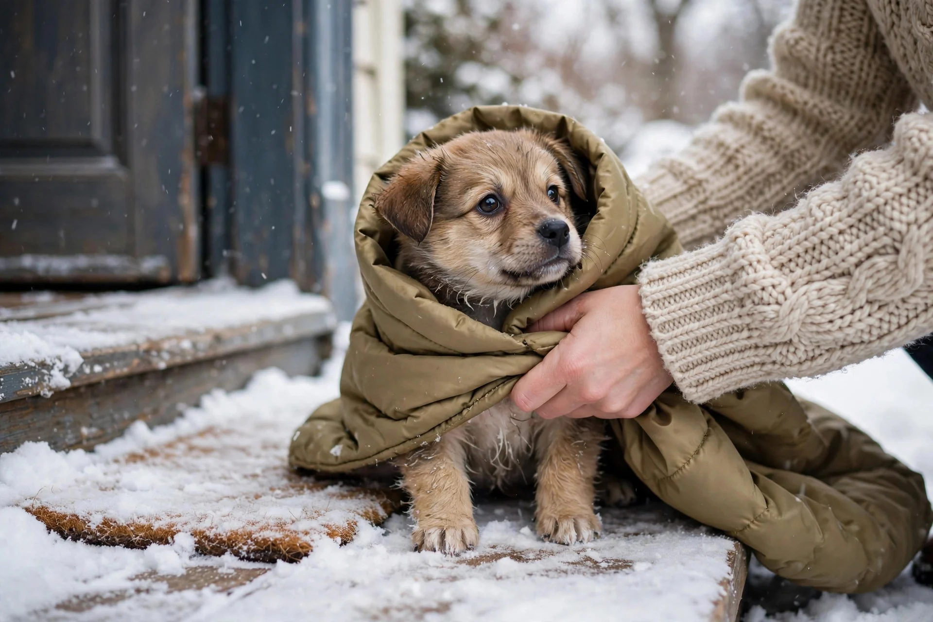 Owner putting a warm coat on a cold puppy in winter
