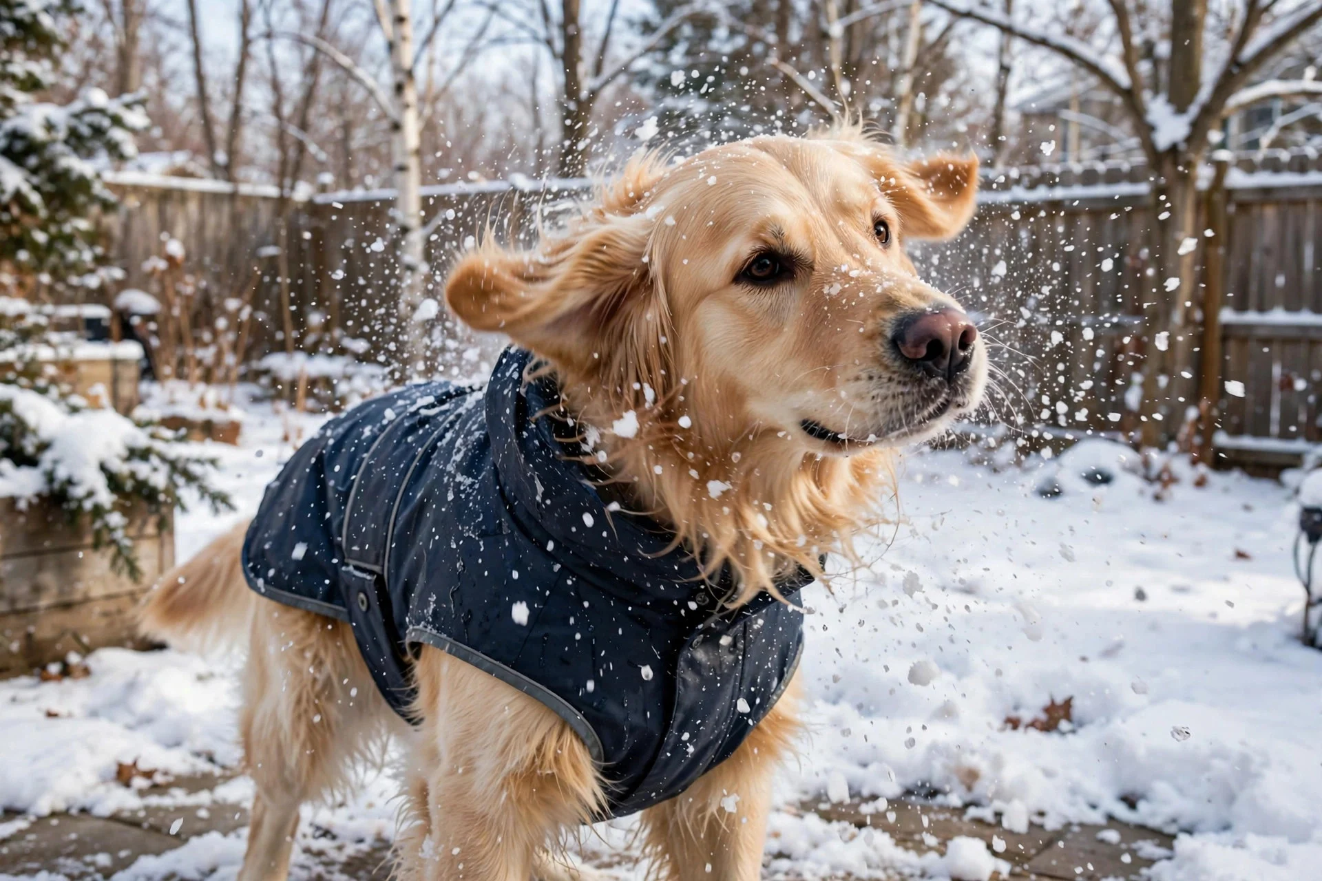 Golden retriever in a waterproof winter coat shaking off snow