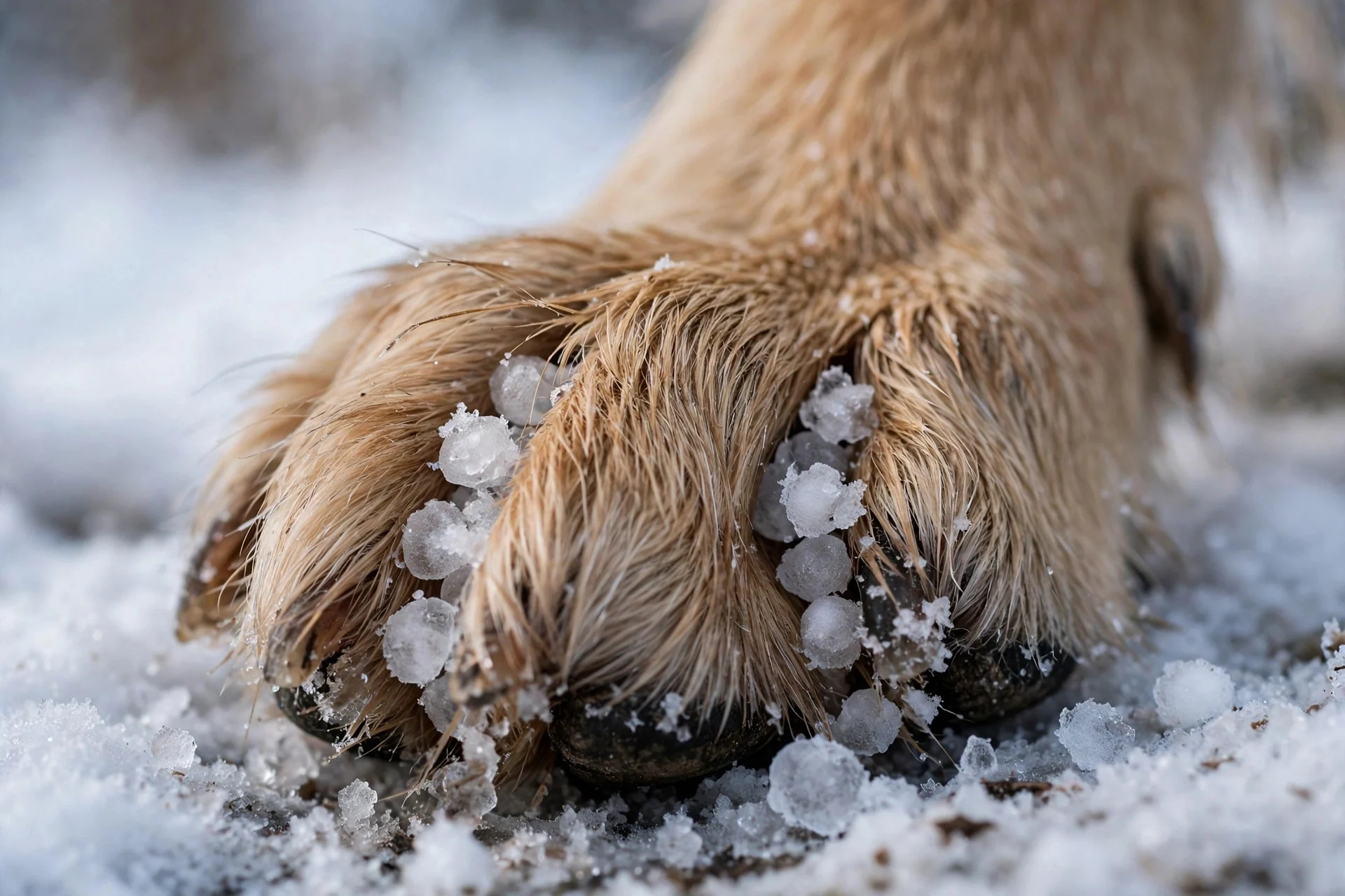 Close-up of a dog paw with ice packed between the toes in winter