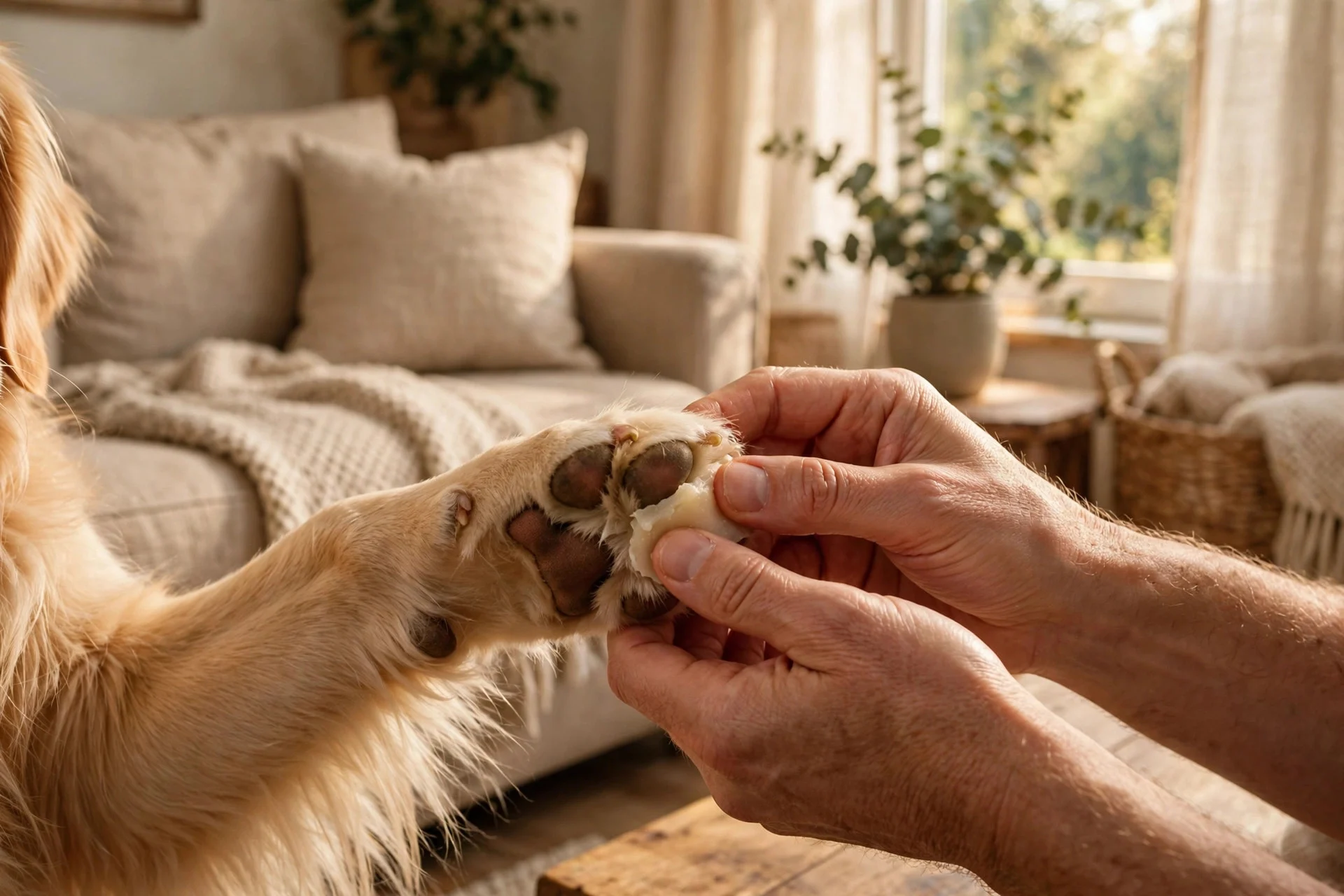 Owner applying paw balm to a dog's paw before a winter walk