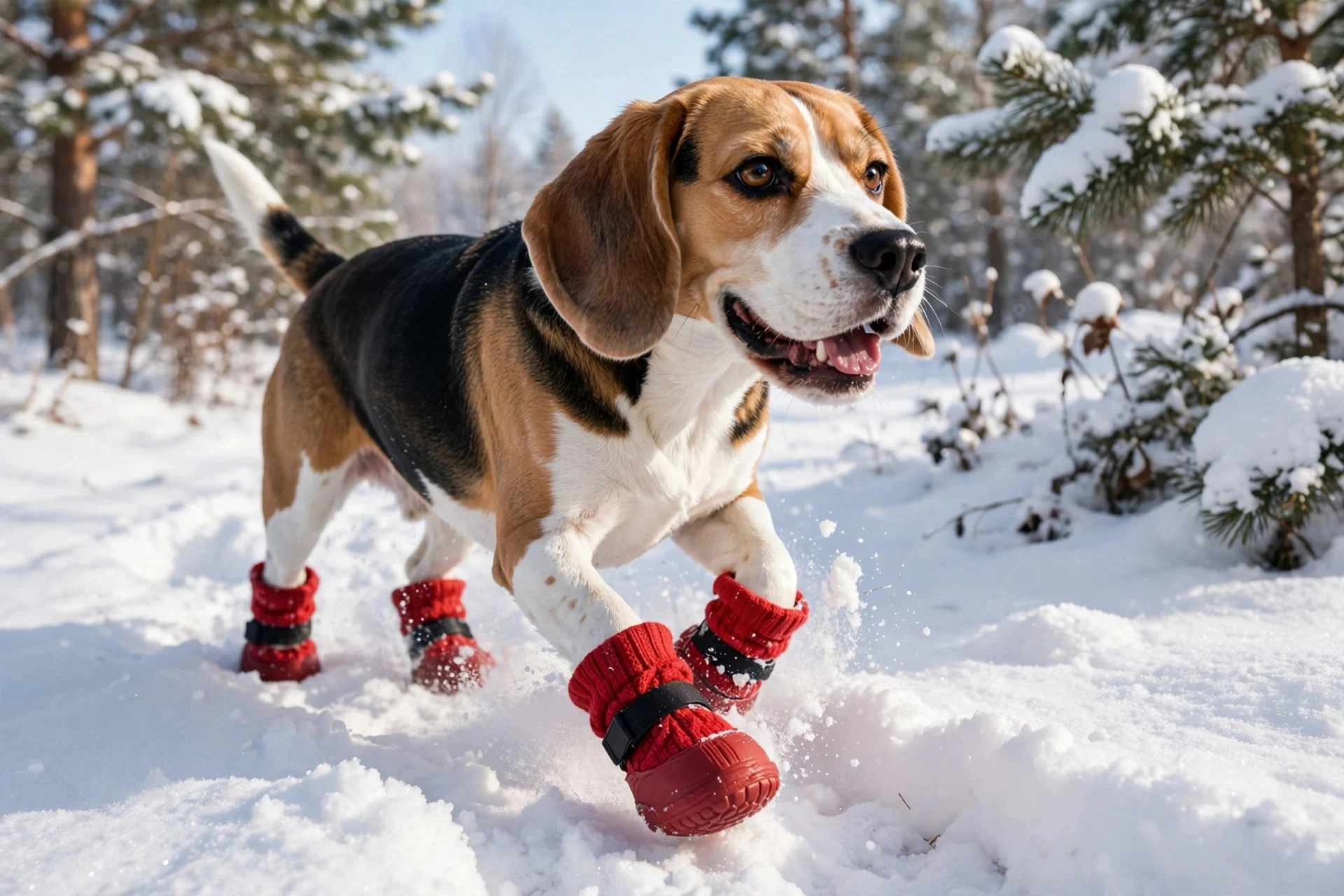 Dog wearing winter booties walking in the snow for paw protection