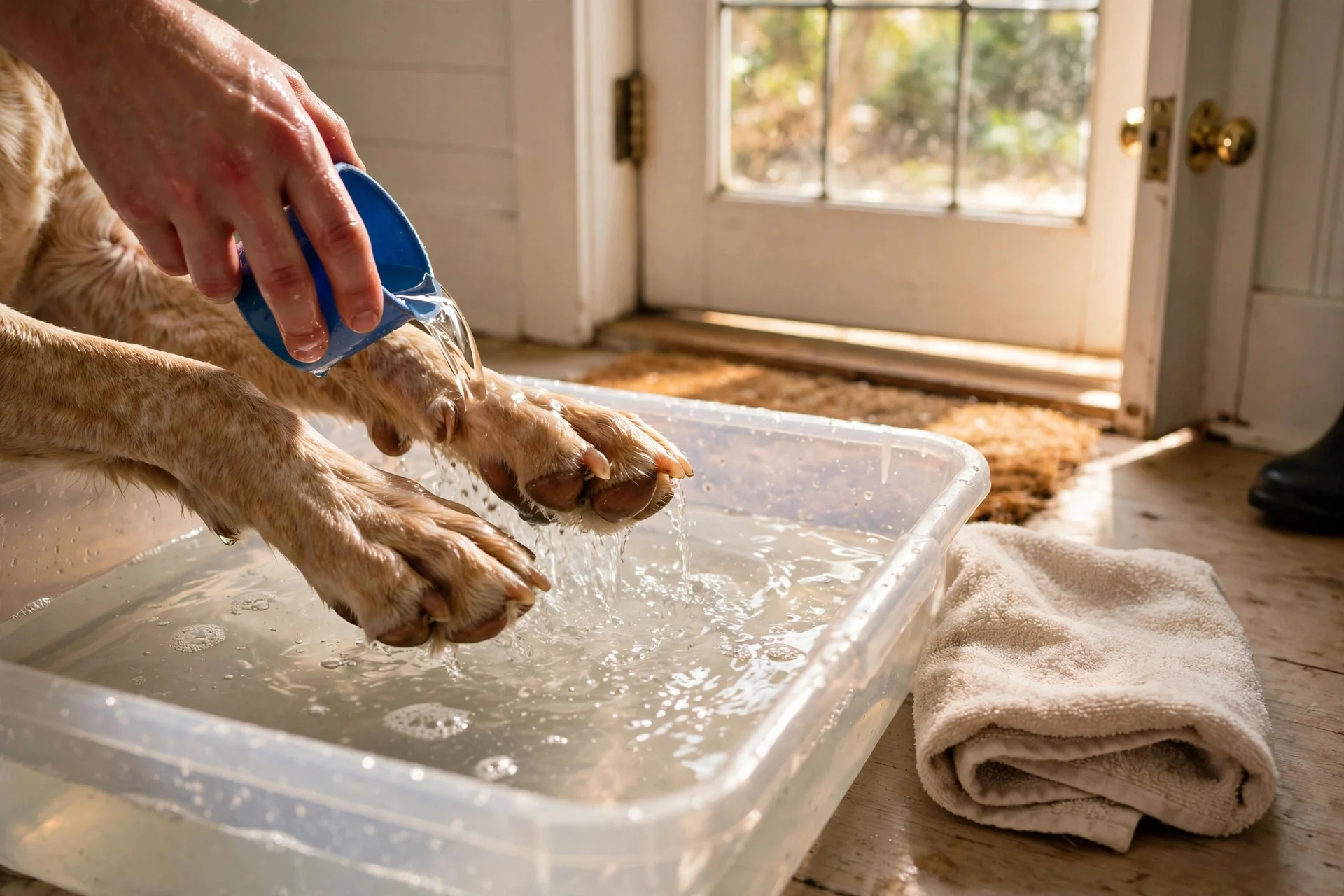 Rinsing a dog's paws in a tub after a salty winter walk