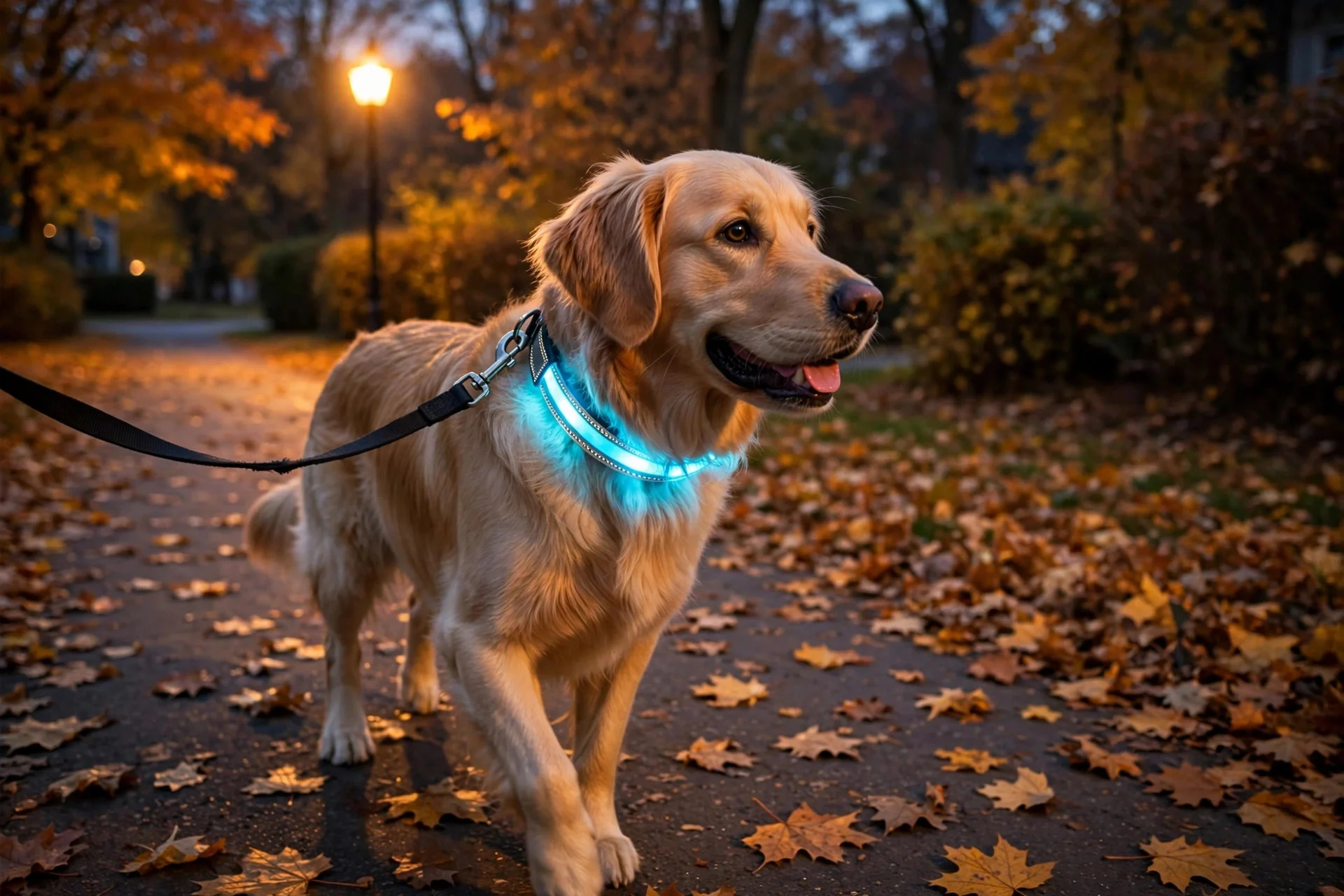 Dog wearing a reflective collar on an evening walk in fall