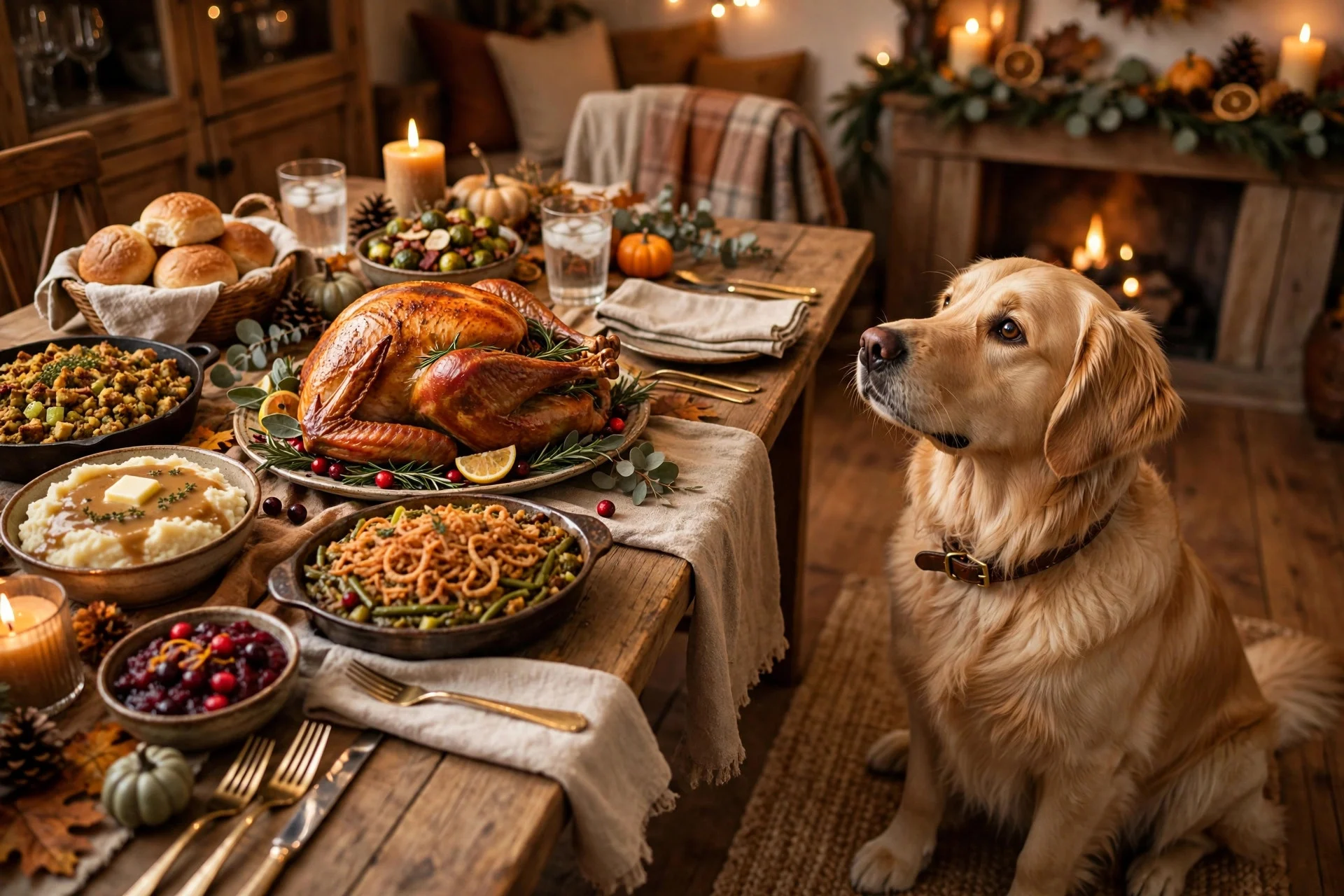 Thanksgiving foods on a table with a dog watching nearby