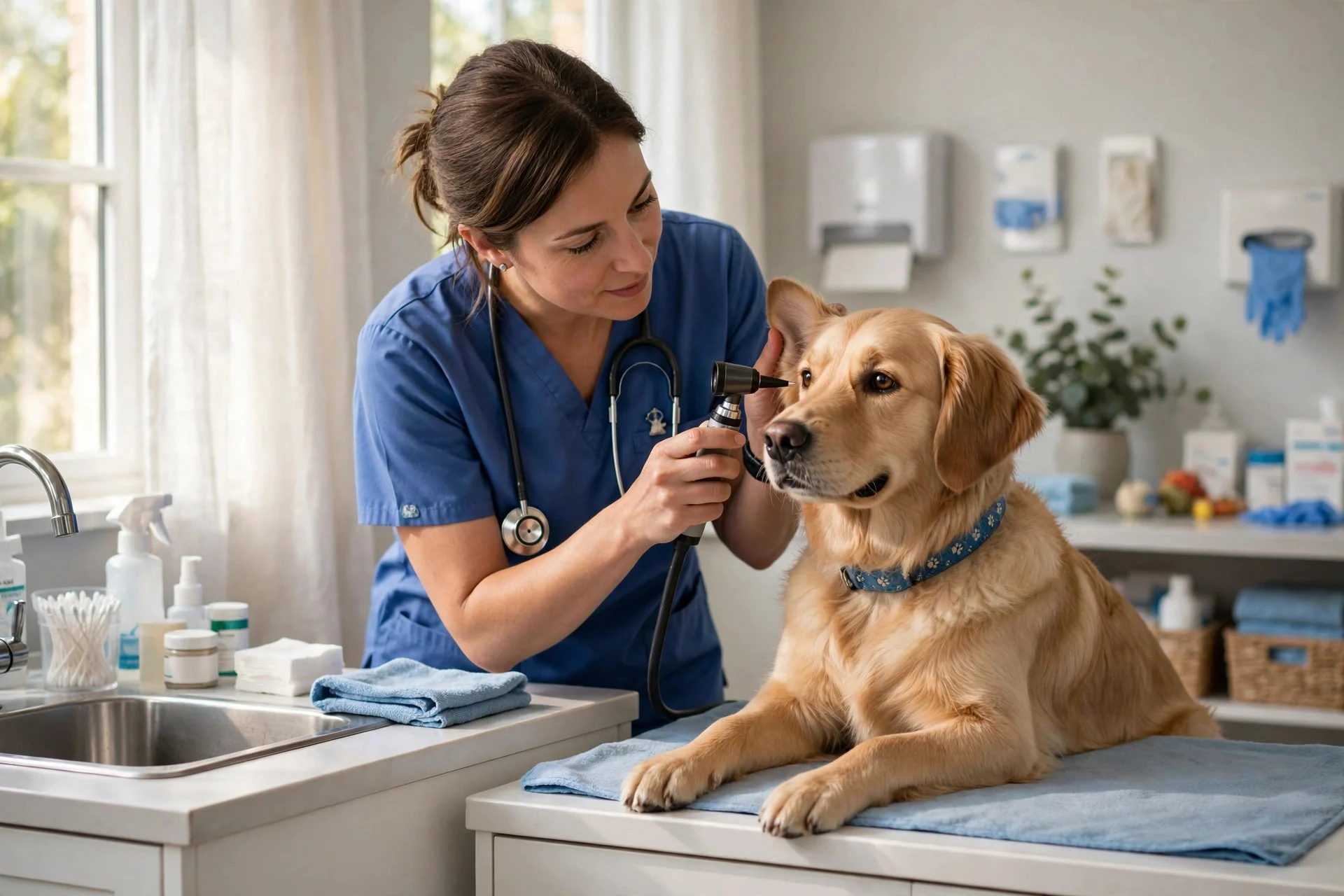 Veterinarian giving a fall checkup to a dog