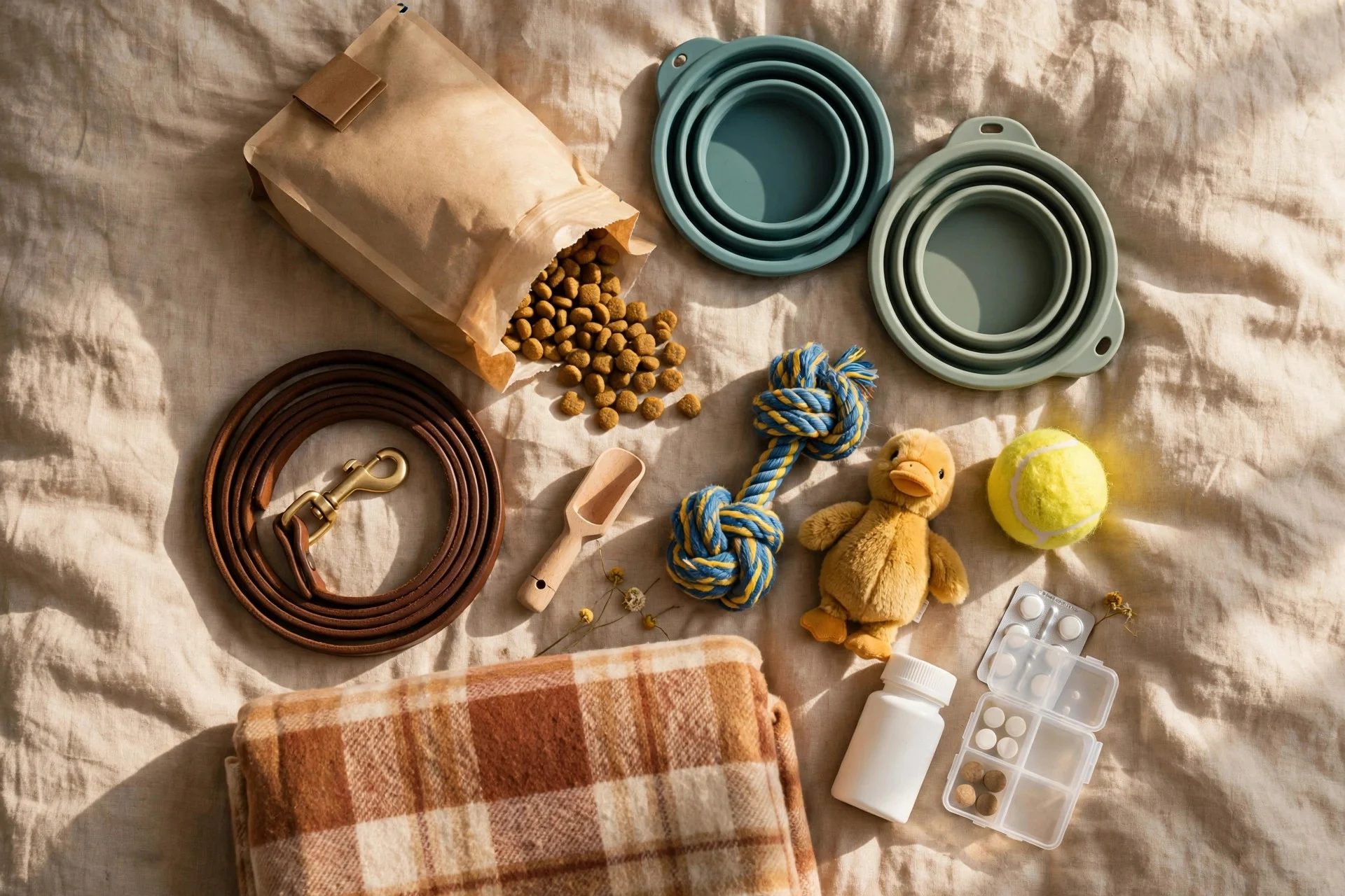 Packed dog travel bag with food, bowls, toys and leash