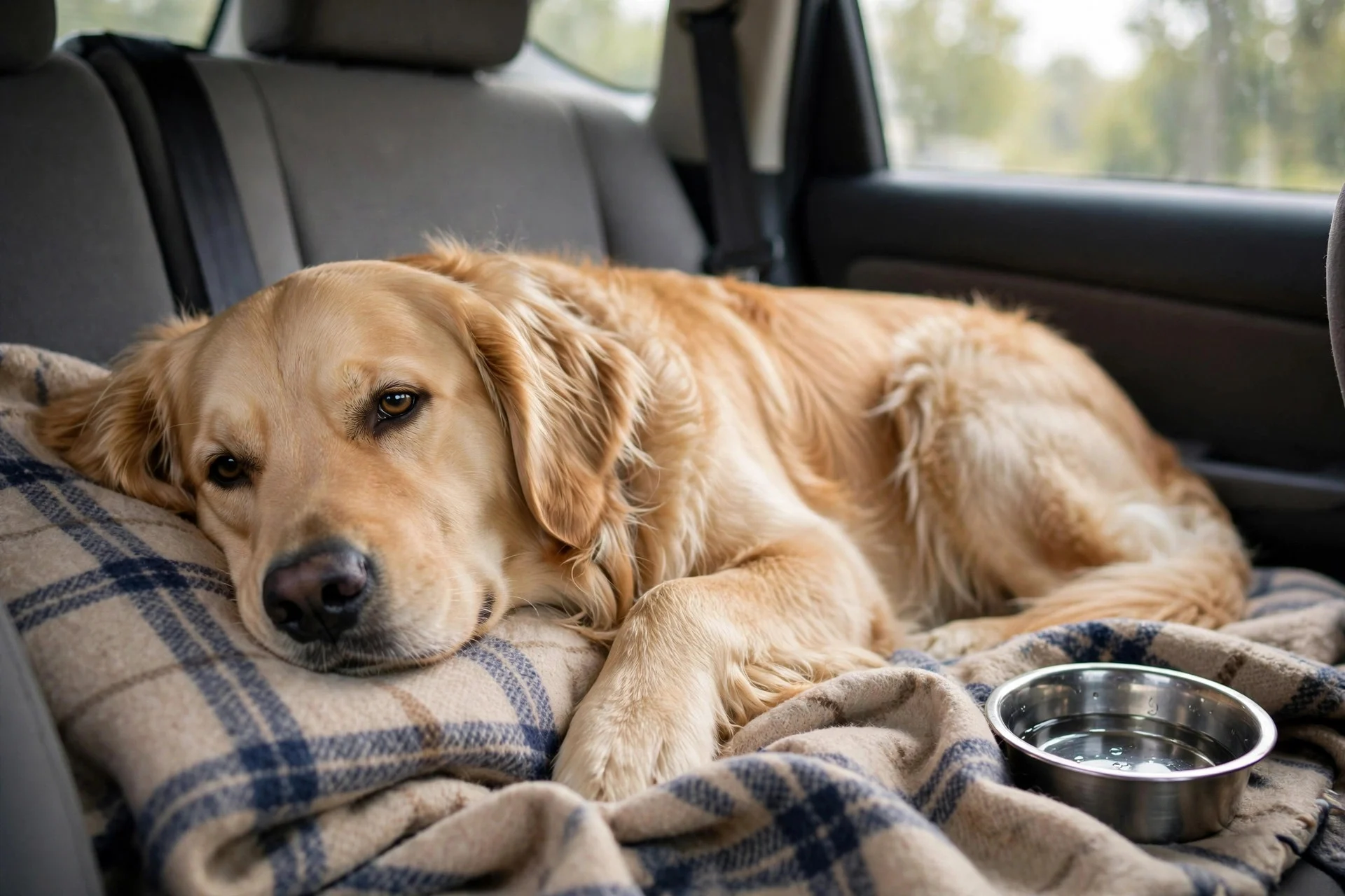 Dog resting on familiar blanket in a car back seat during travel