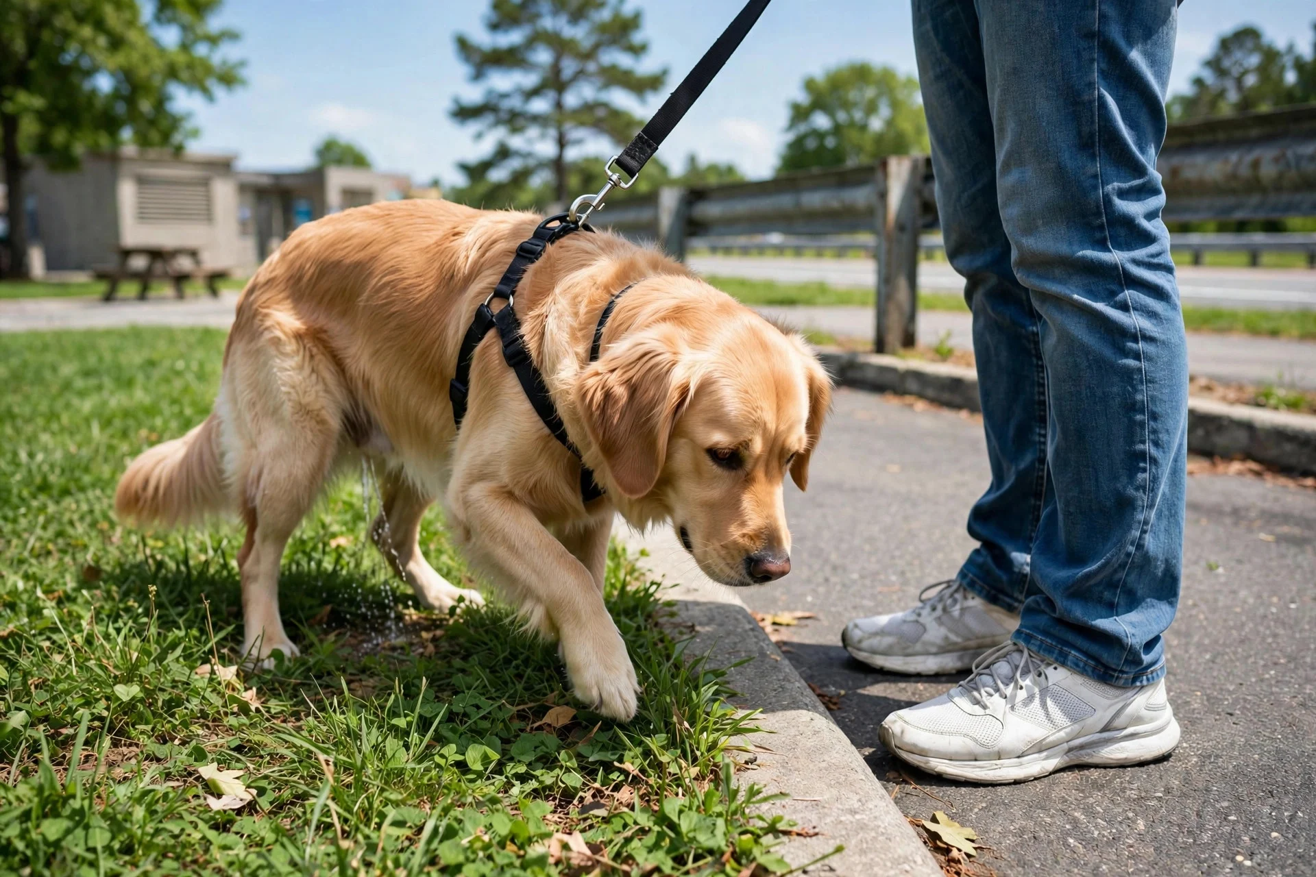 Dog on leash at a highway rest stop during a road trip