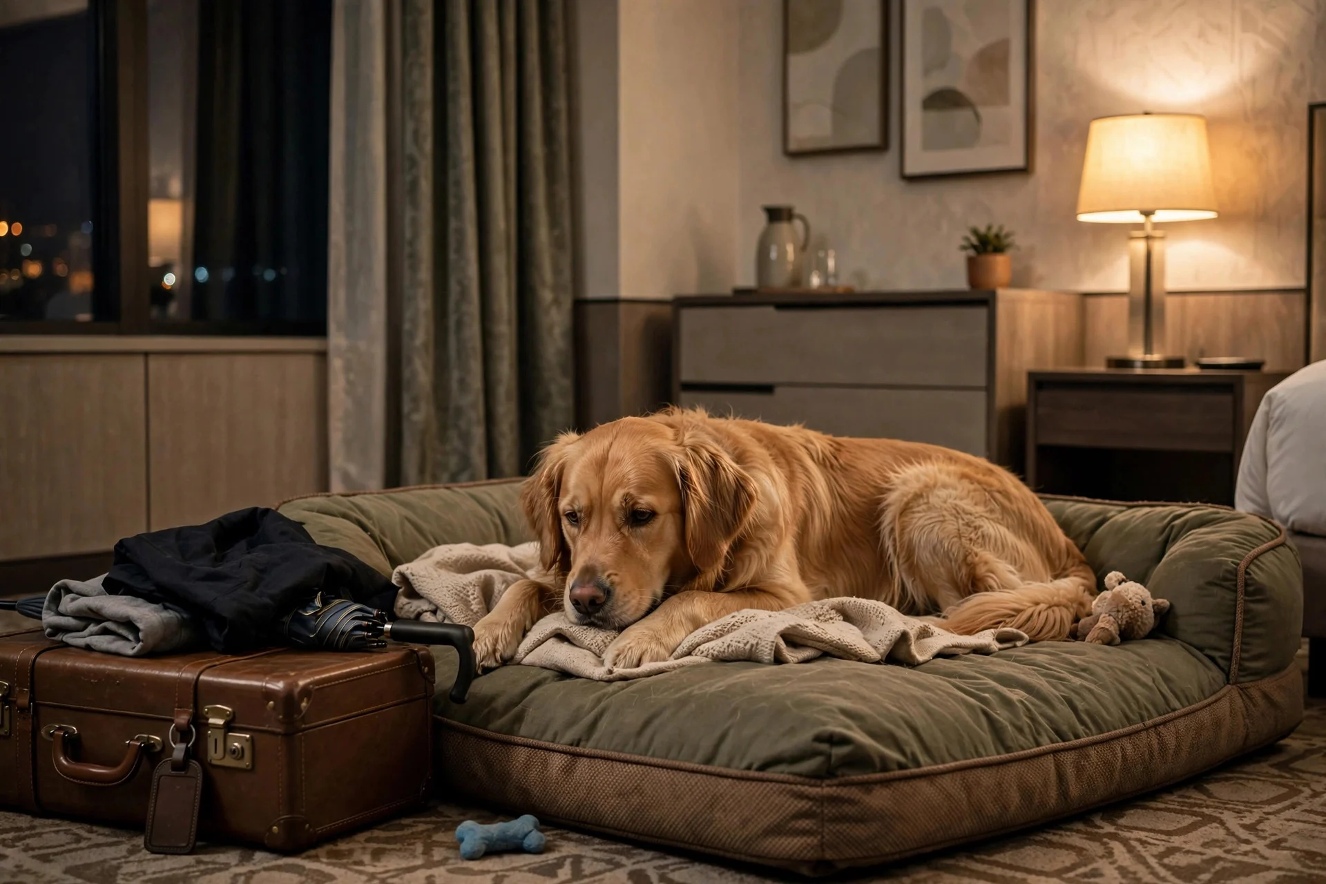 Dog settling into a hotel room with its own bed