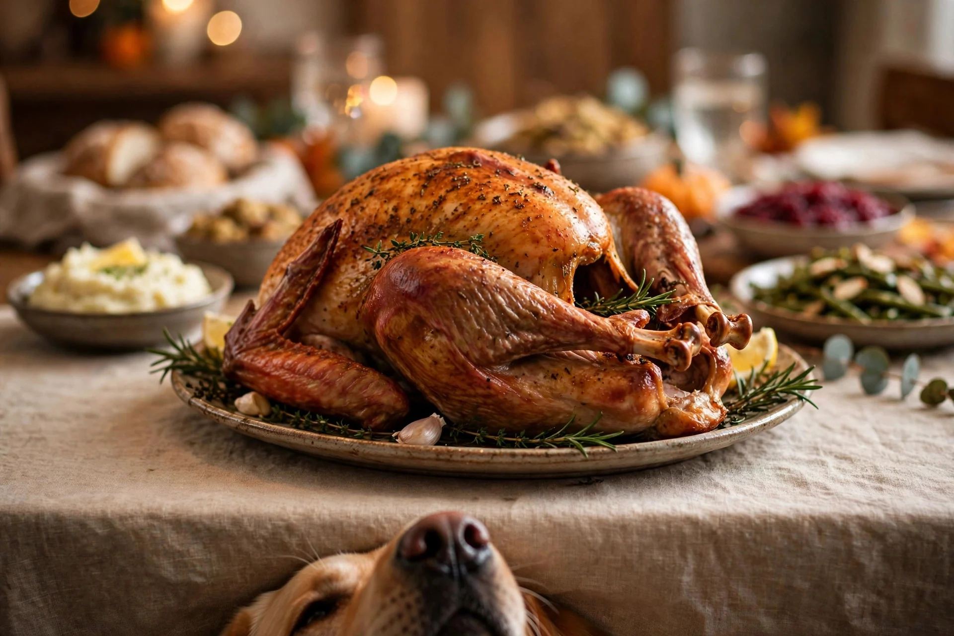 Dog watching a roasted Thanksgiving turkey on the dinner table