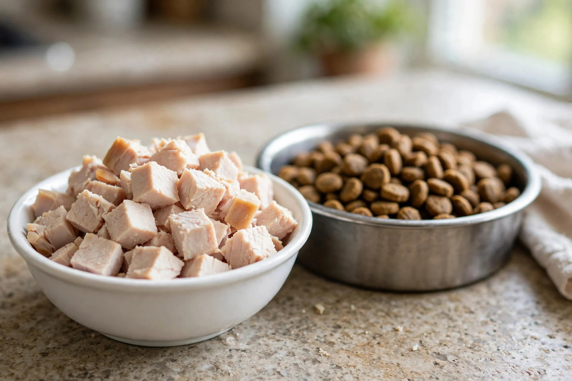 Diced plain turkey breast portioned safely for a dog