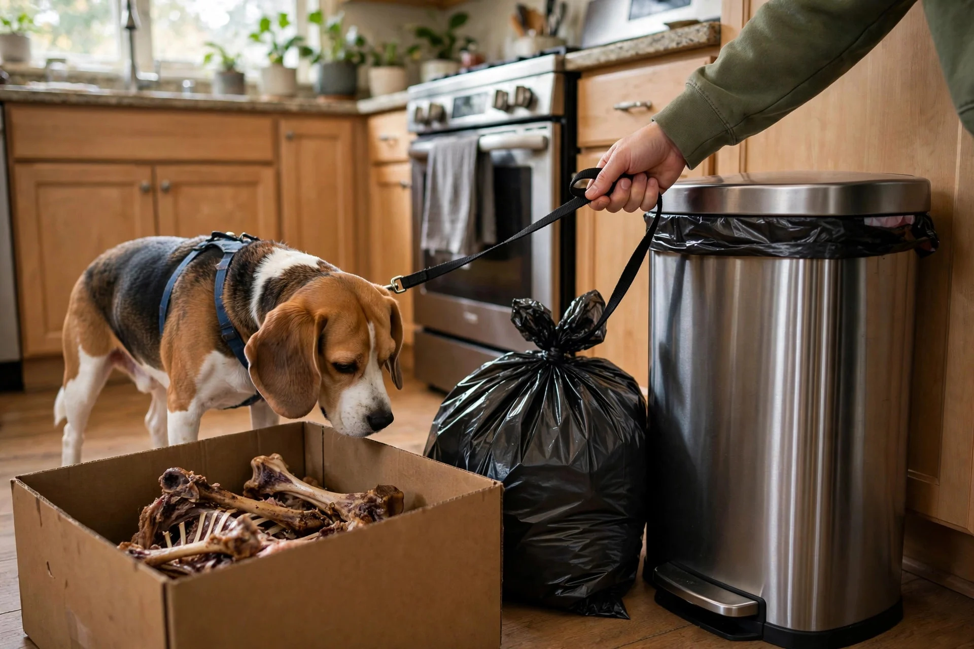 Keeping turkey bones secured in the trash away from dogs
