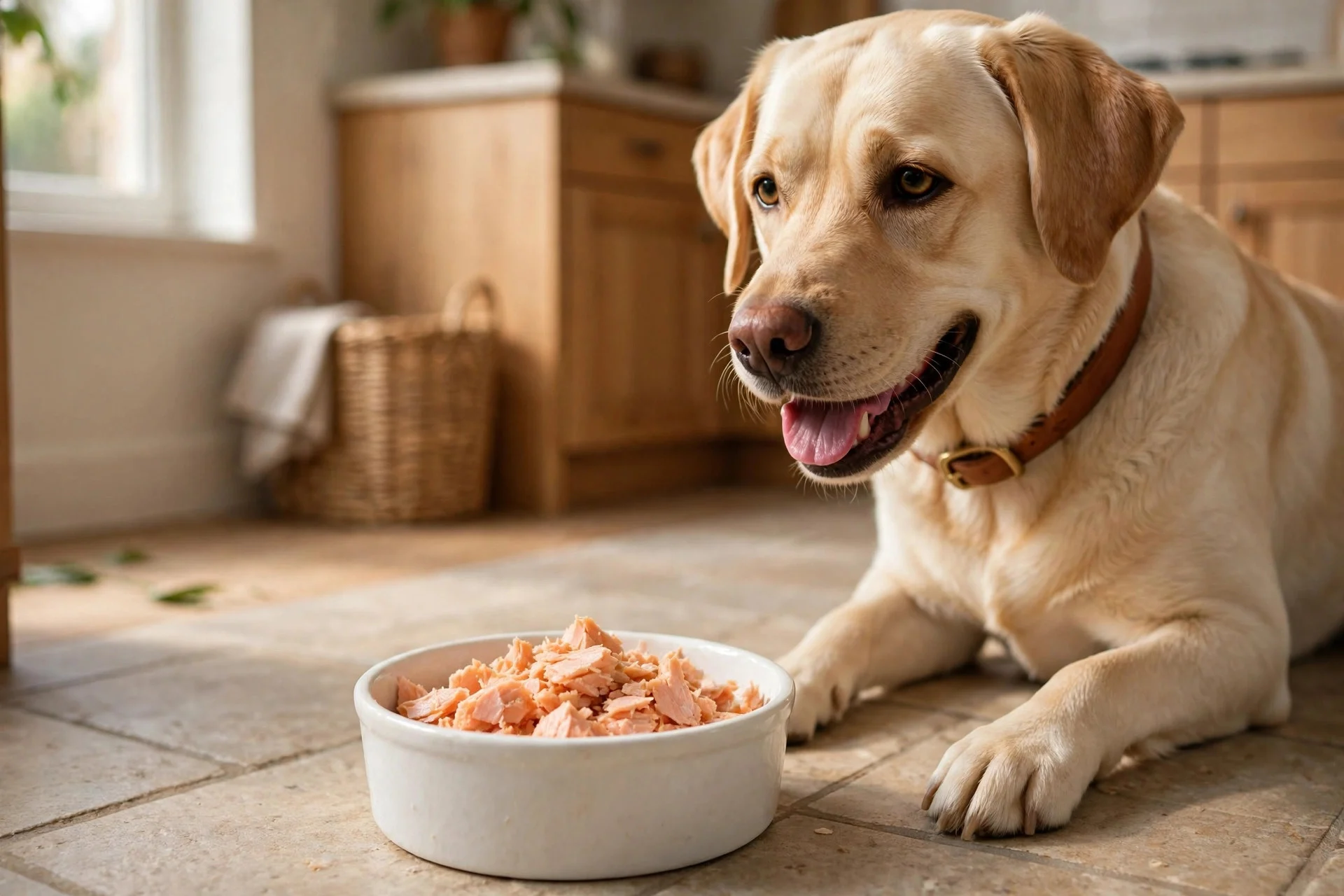 Flaked cooked salmon served plain in a dog bowl