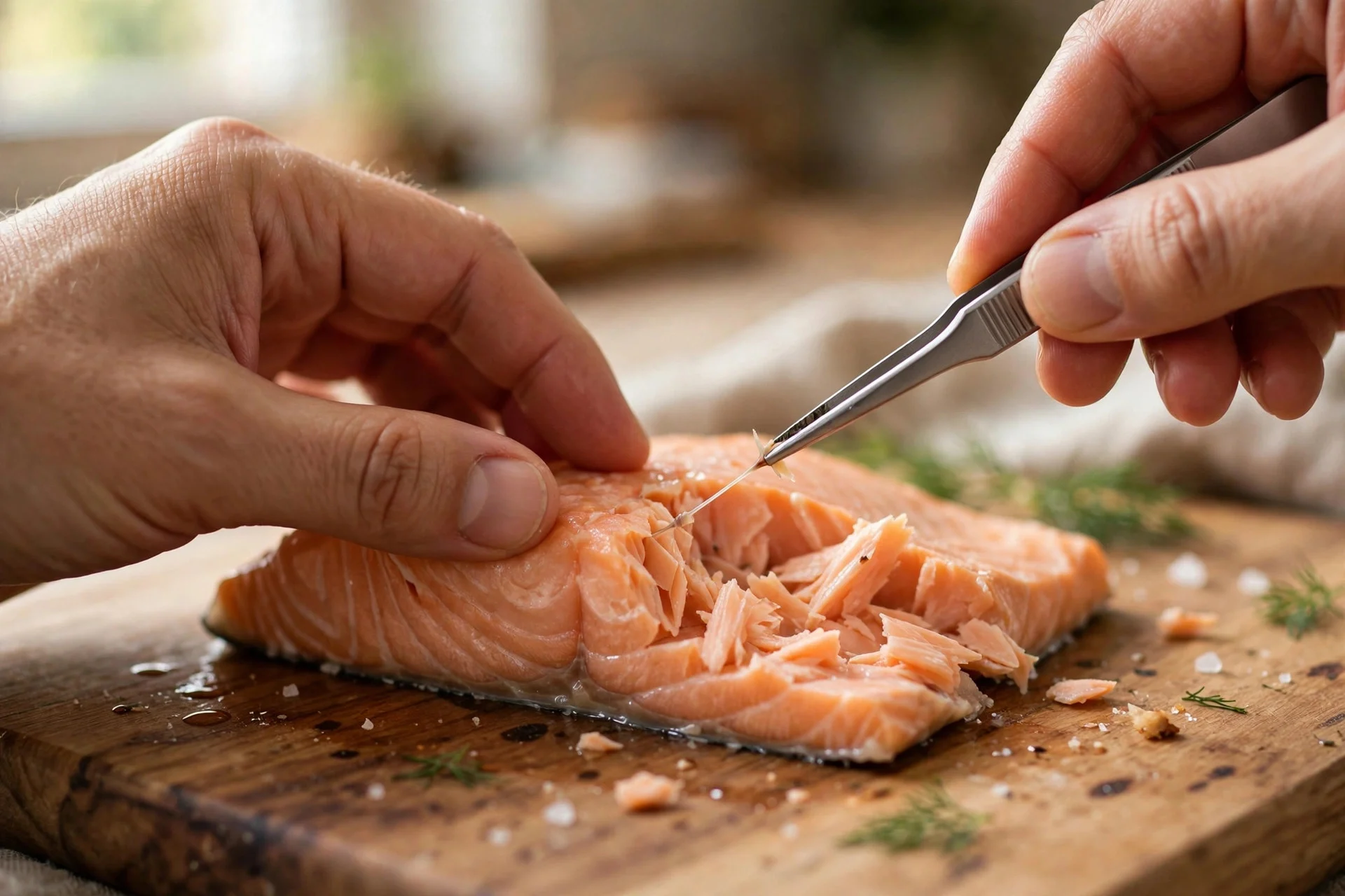 Removing pin bones from cooked salmon before serving to a dog