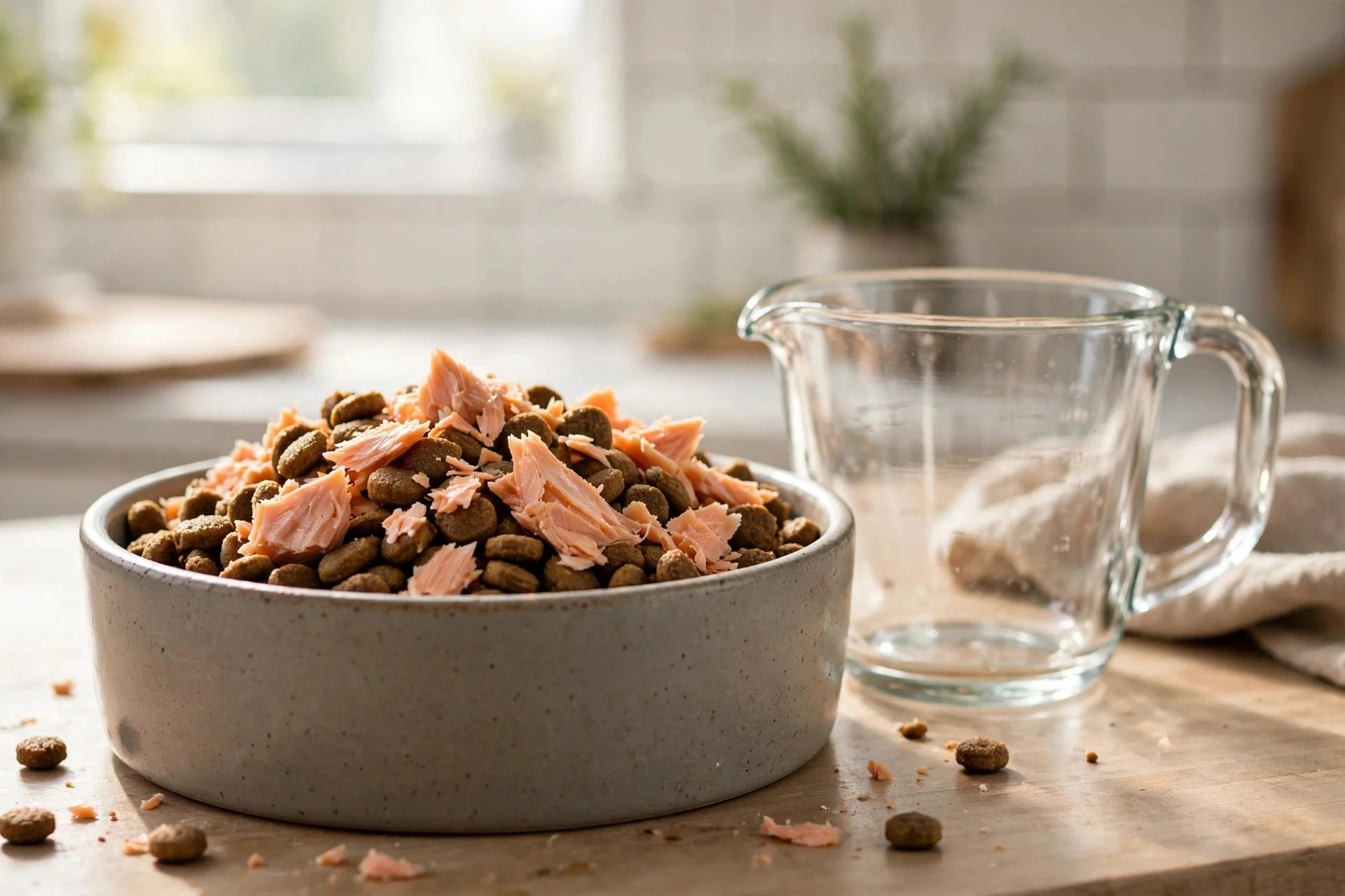 Proper portion of salmon flaked over dog food as a topper