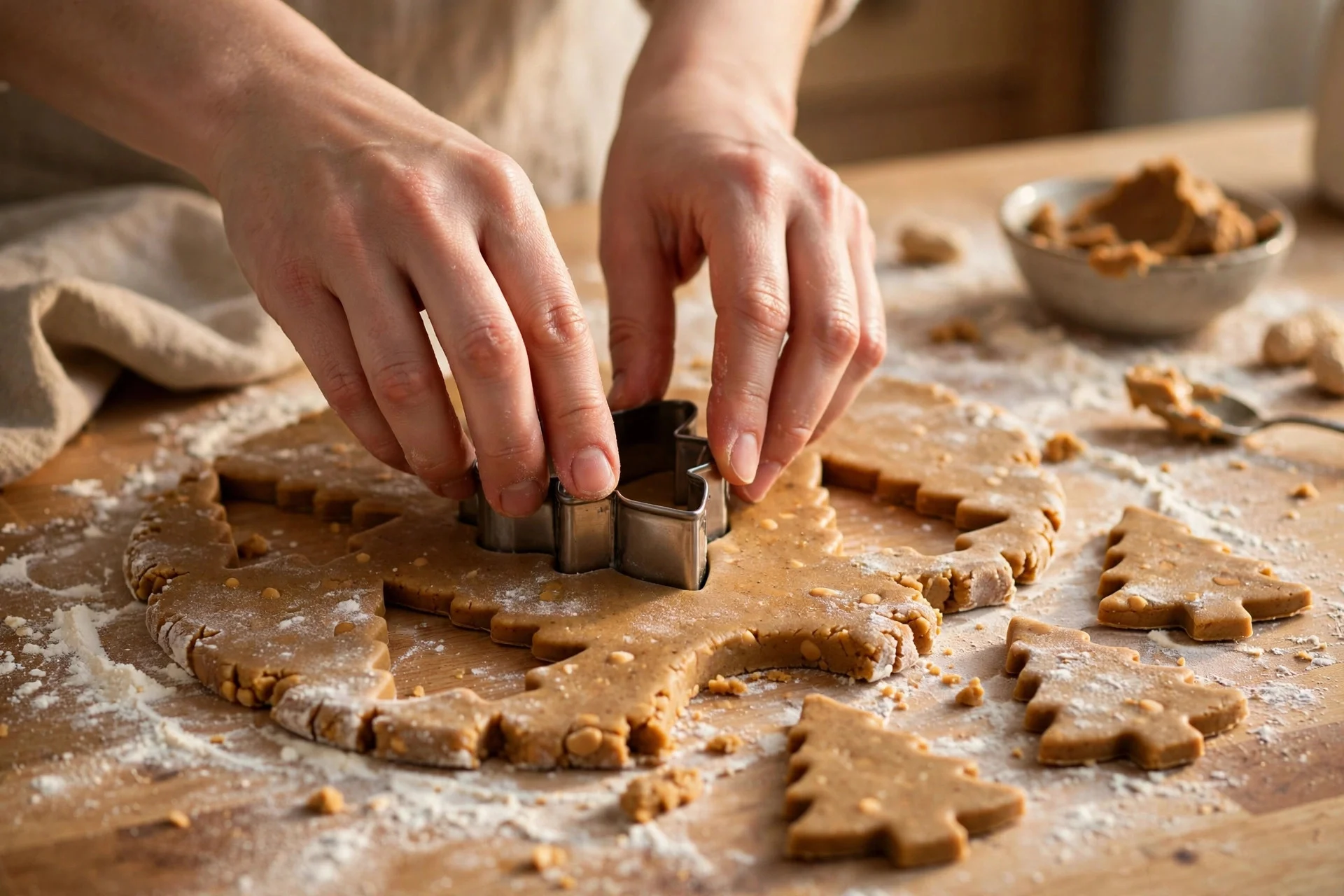 Cutting peanut butter Christmas tree dog treats from rolled dough