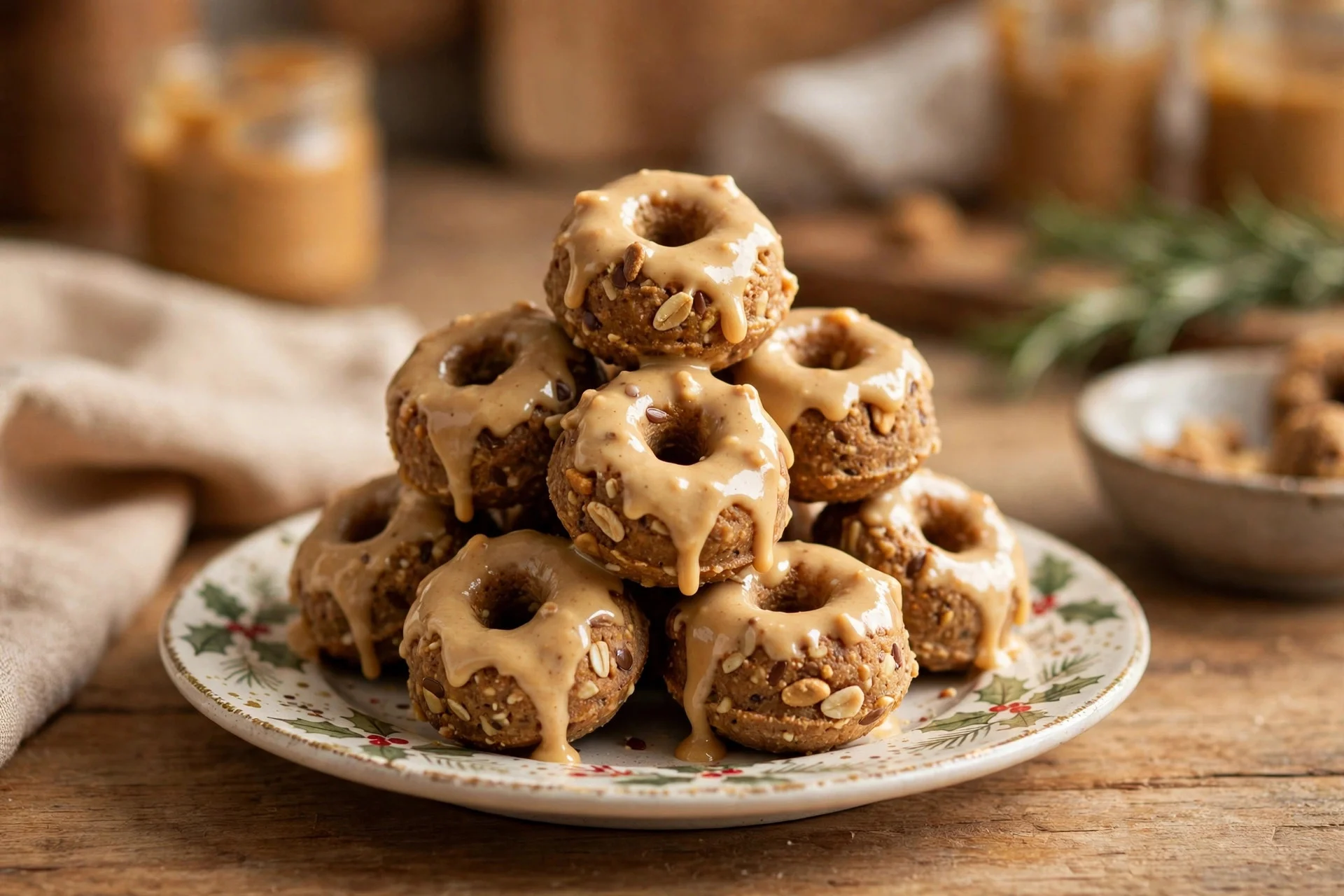 Mini donut hole dog treats with peanut butter glaze