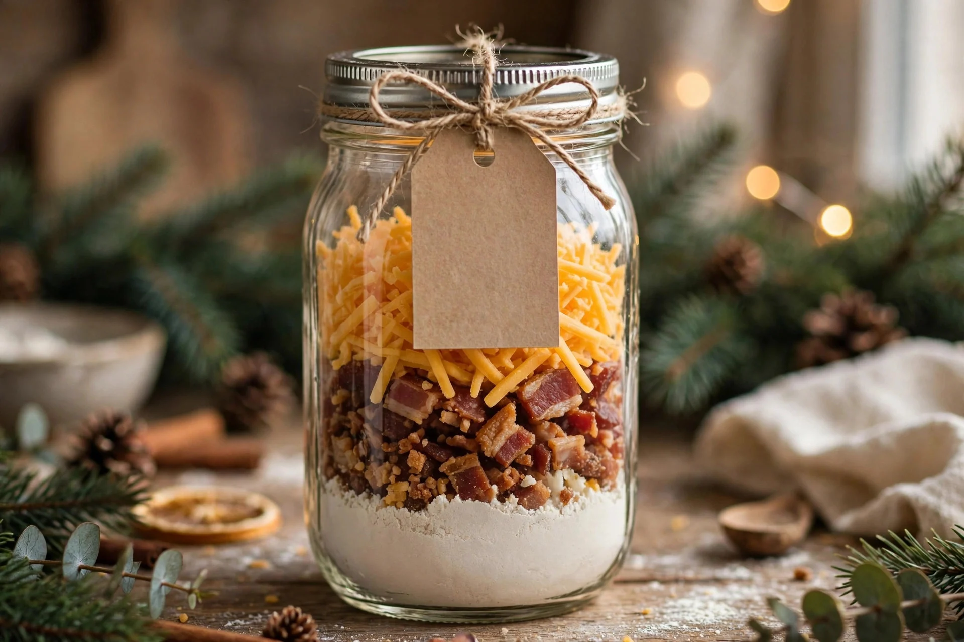 Mason jar layered with dry ingredients for dog biscuit gift mix