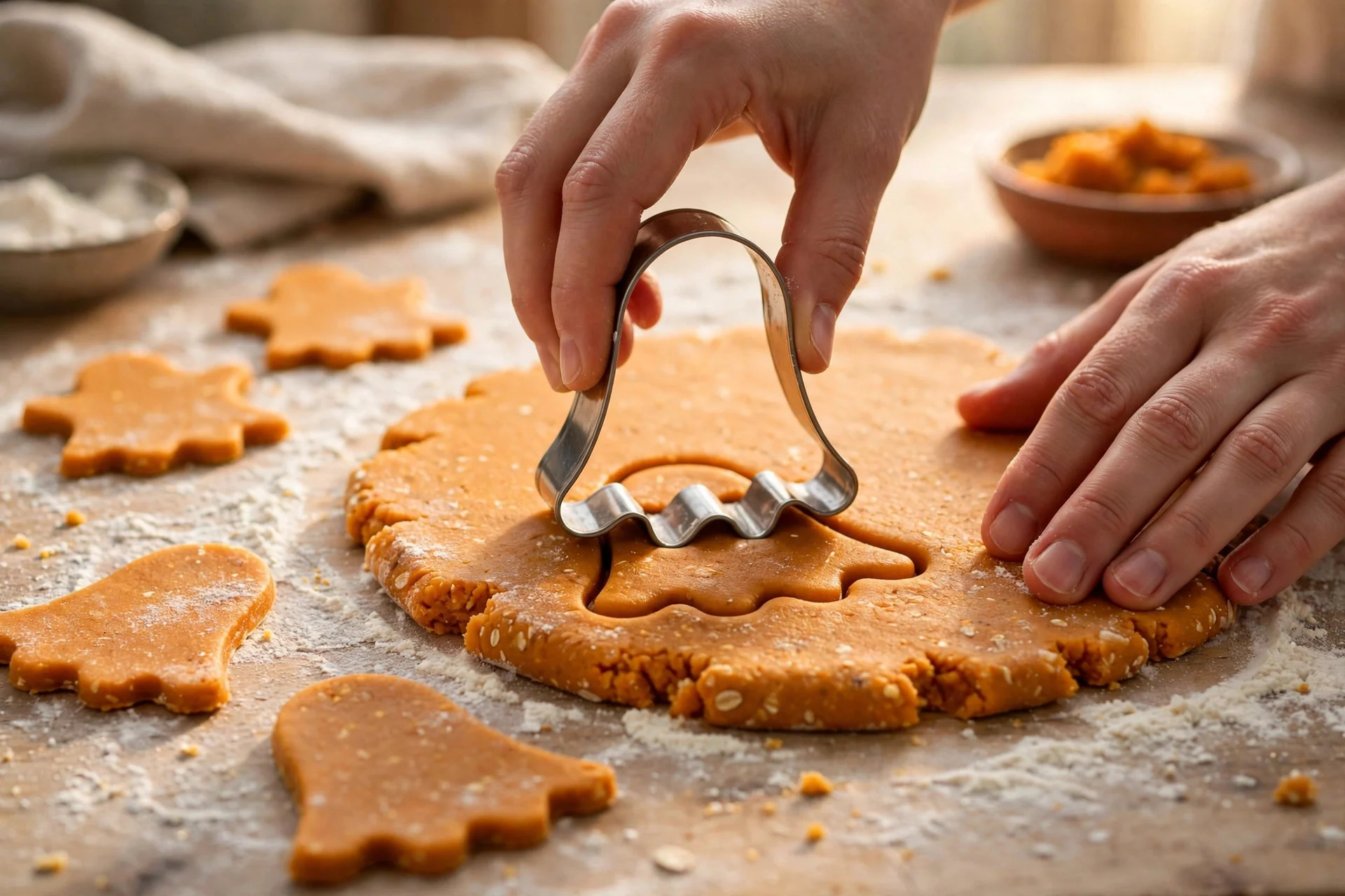 Cutting ghost shaped dog biscuits from pumpkin dough