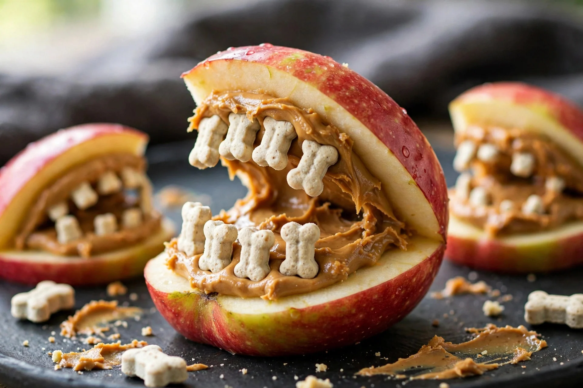 Apple monster mouth dog treats with peanut butter and teeth